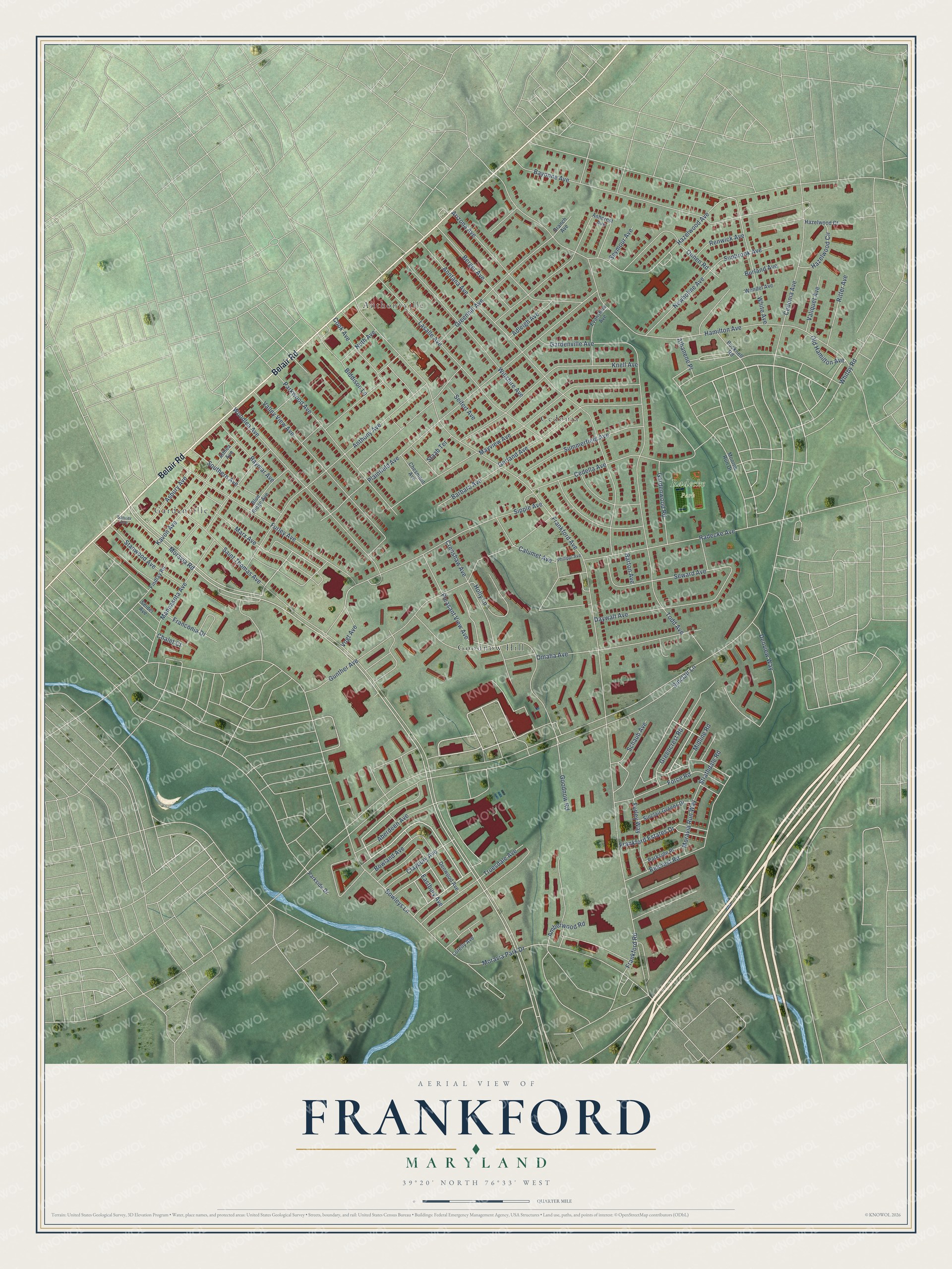 Full map of Frankford, Maryland, with red buildings, printed street names and the land around them