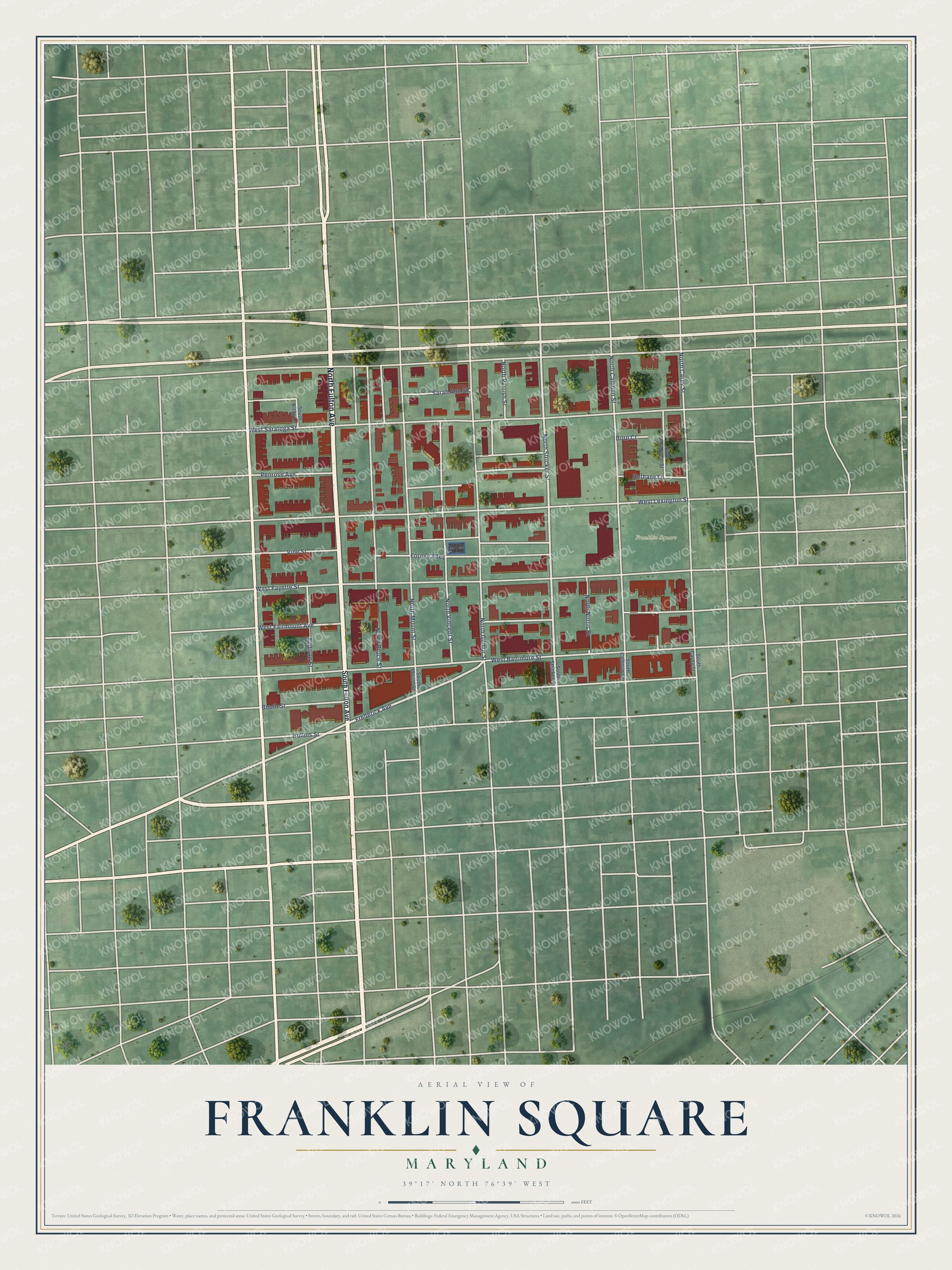 Full map of Franklin Square, Maryland, with red buildings, printed street names and the land around them