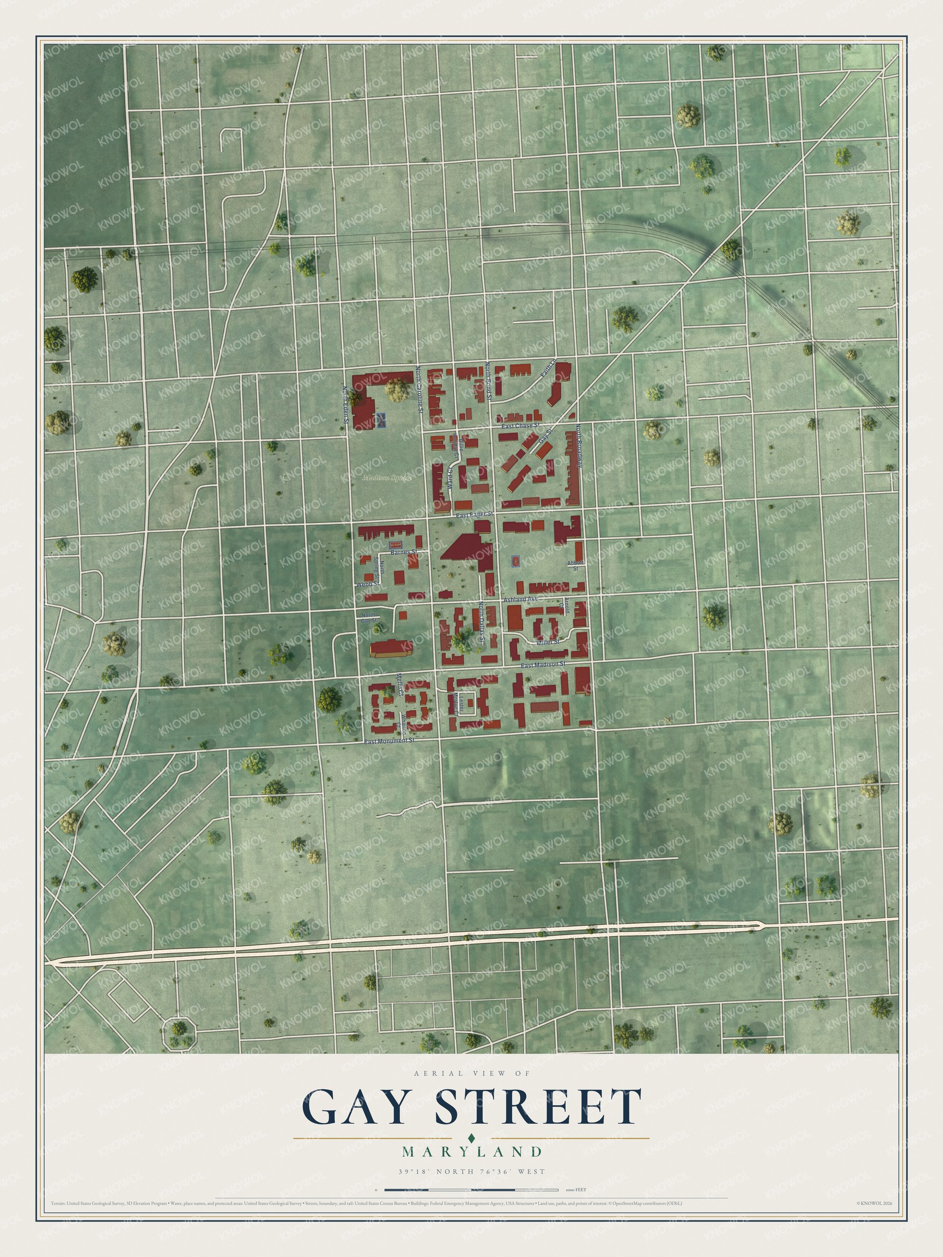 Full map of Gay Street, Maryland, with red buildings, printed street names and the land around them