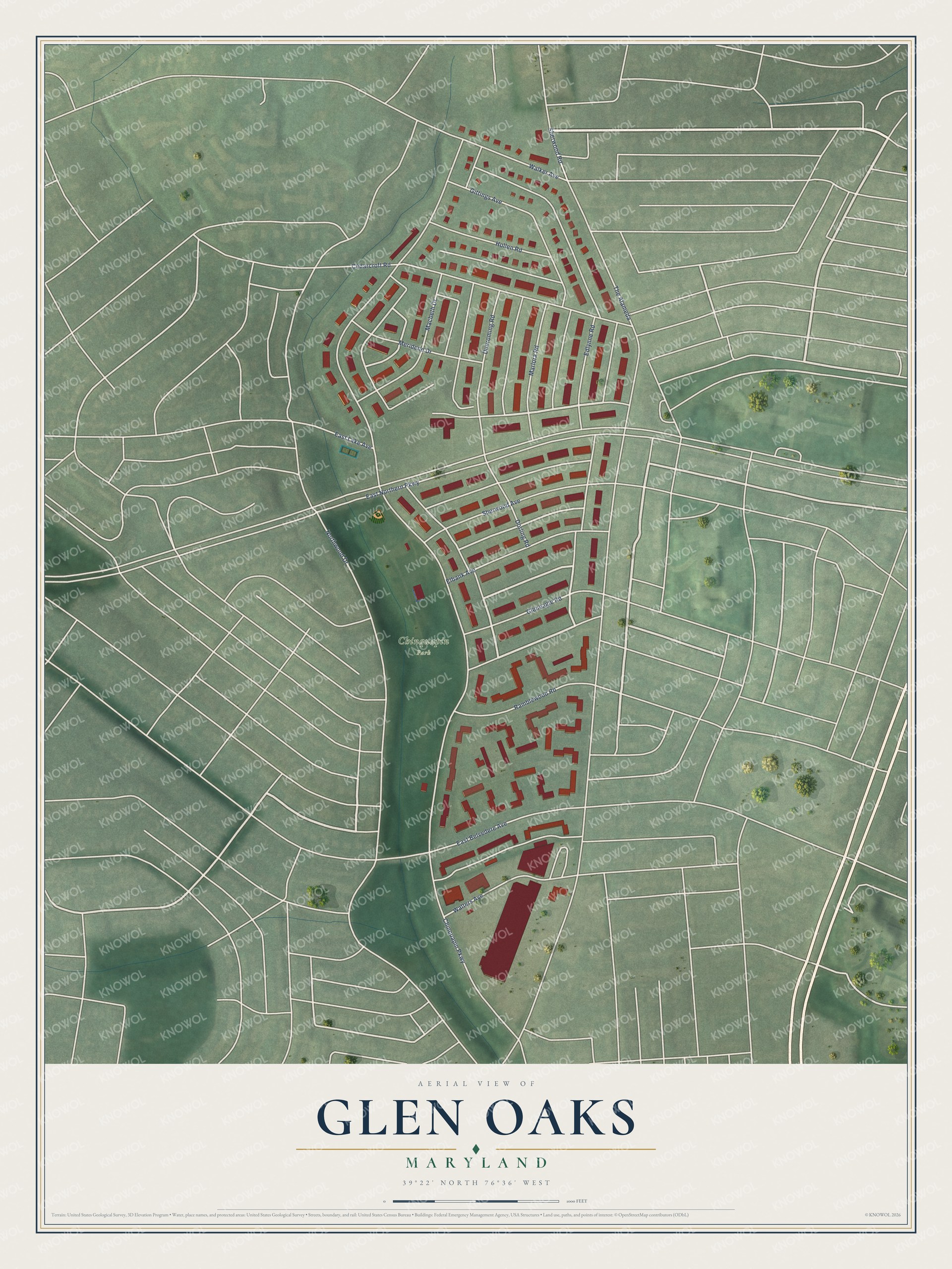 Full map of Glen Oaks, Maryland, with red buildings, printed street names and the land around them