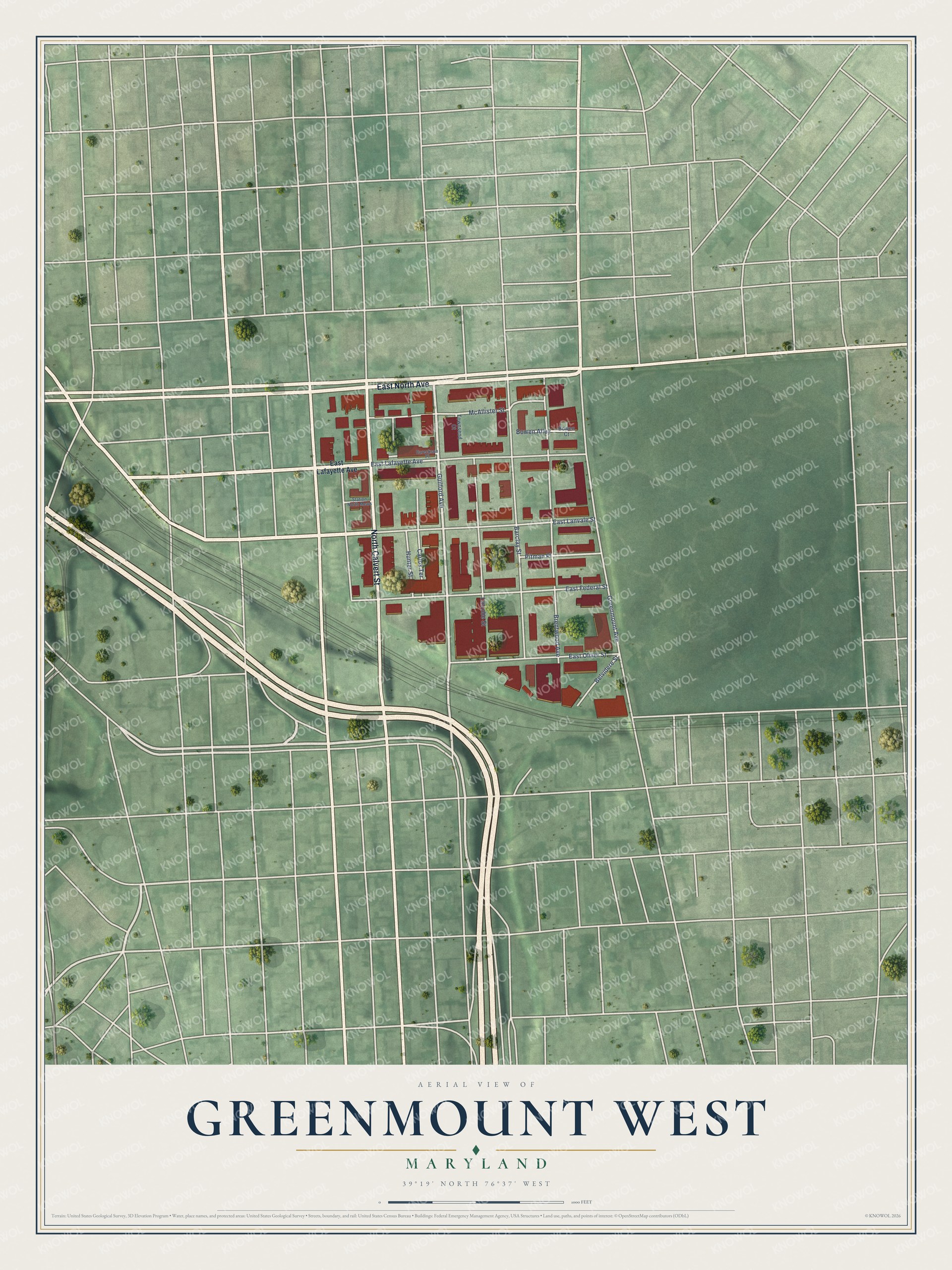 Full map of Greenmount West, Maryland, with red buildings, printed street names and the land around them