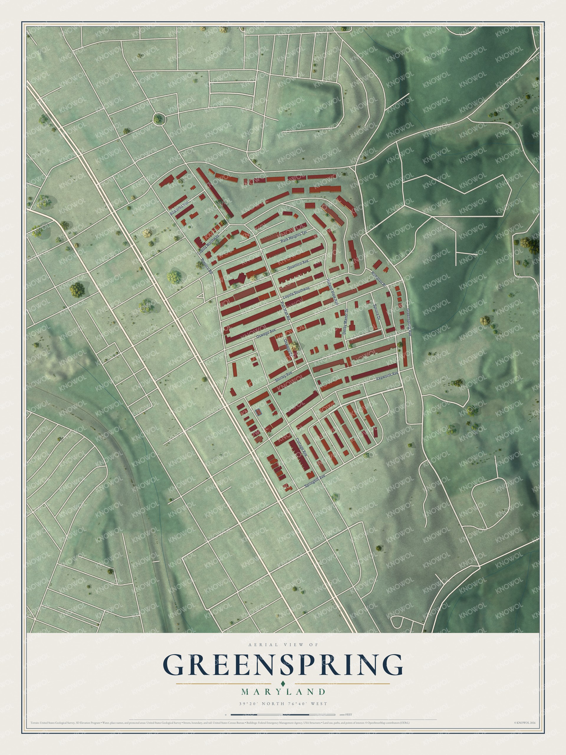 Full map of Greenspring, Maryland, with red buildings, printed street names and the land around them