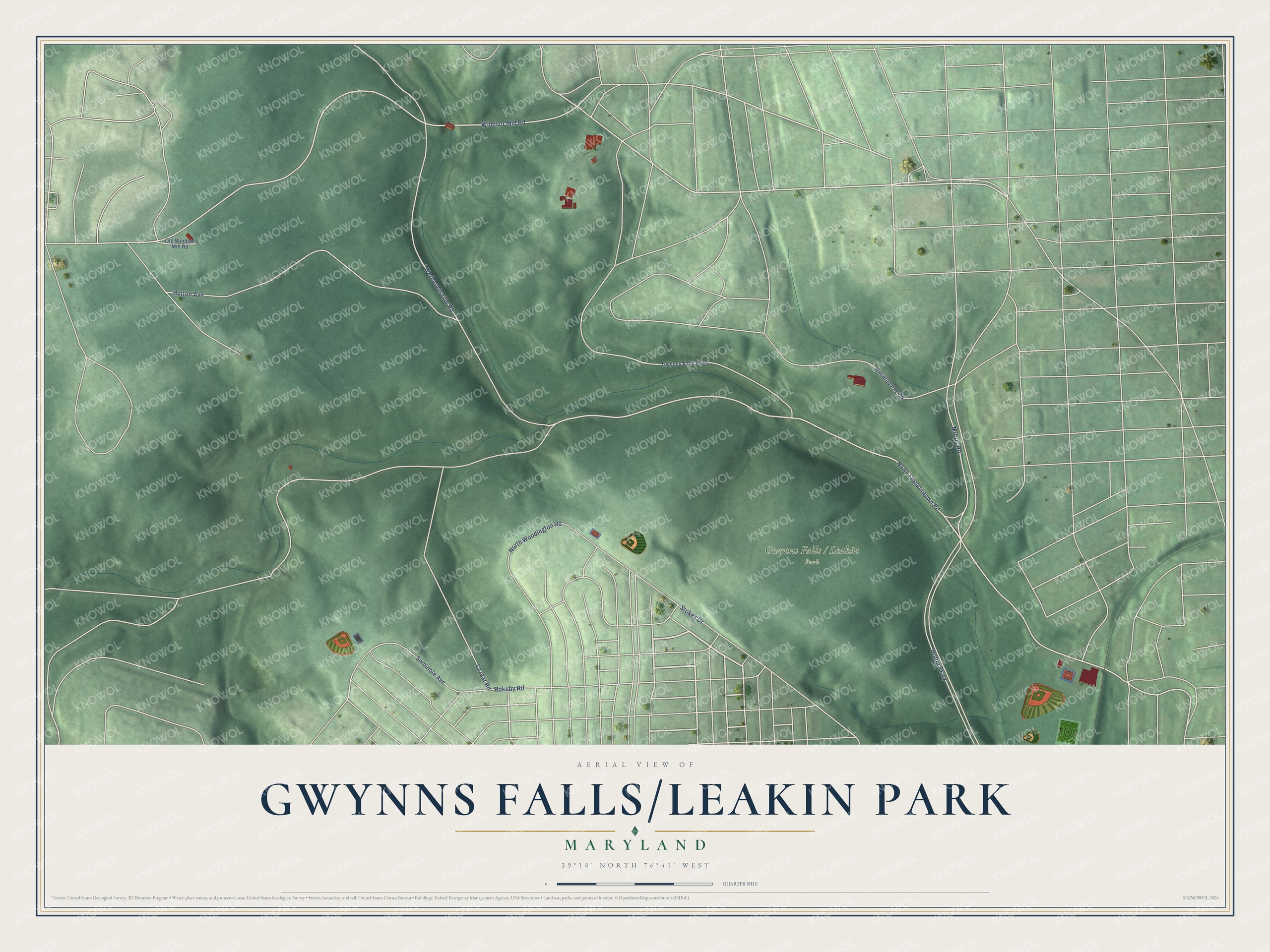 Full map of Gwynns Falls/Leakin Park, Maryland, with red buildings, printed street names and the land around them