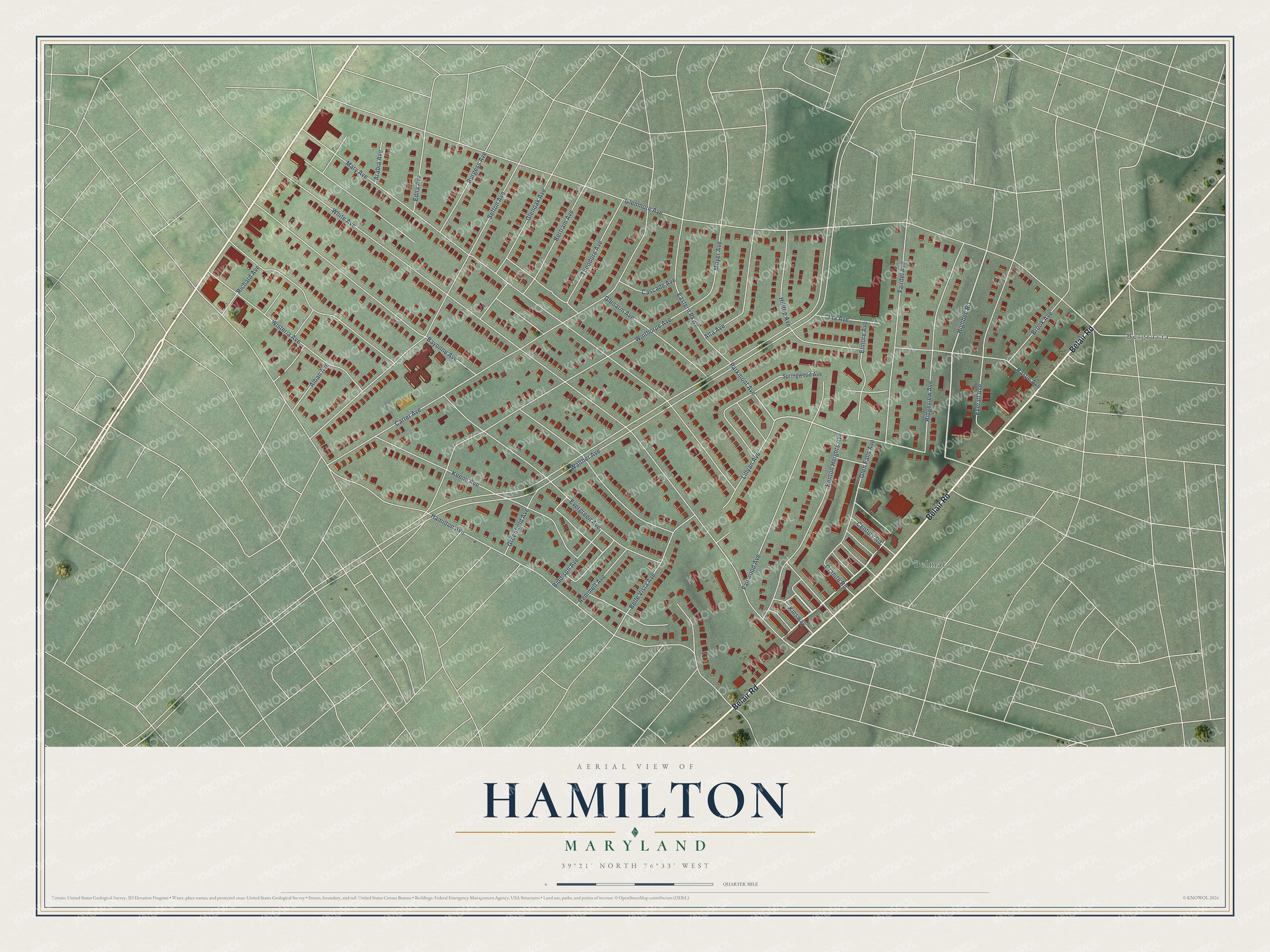 Full map of Hamilton, Maryland, with red buildings, printed street names and the land around them