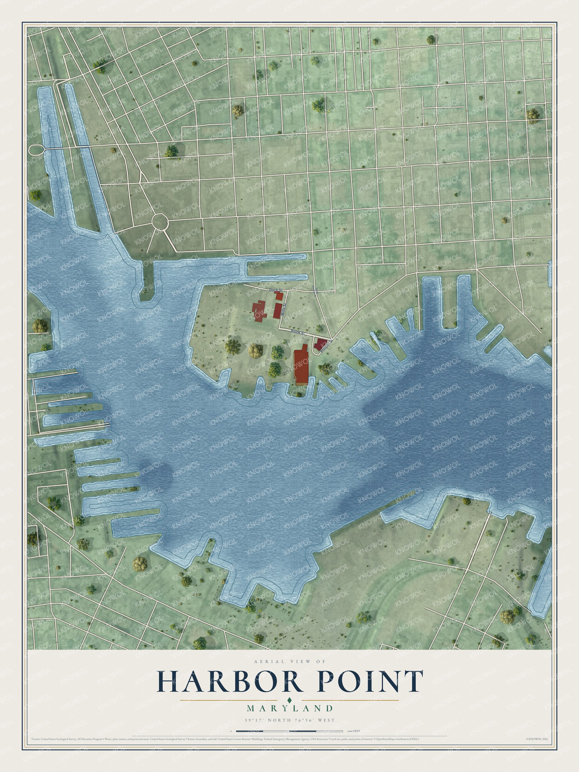 Full map of Harbor Point, Maryland, with red buildings, printed street names and the land around them