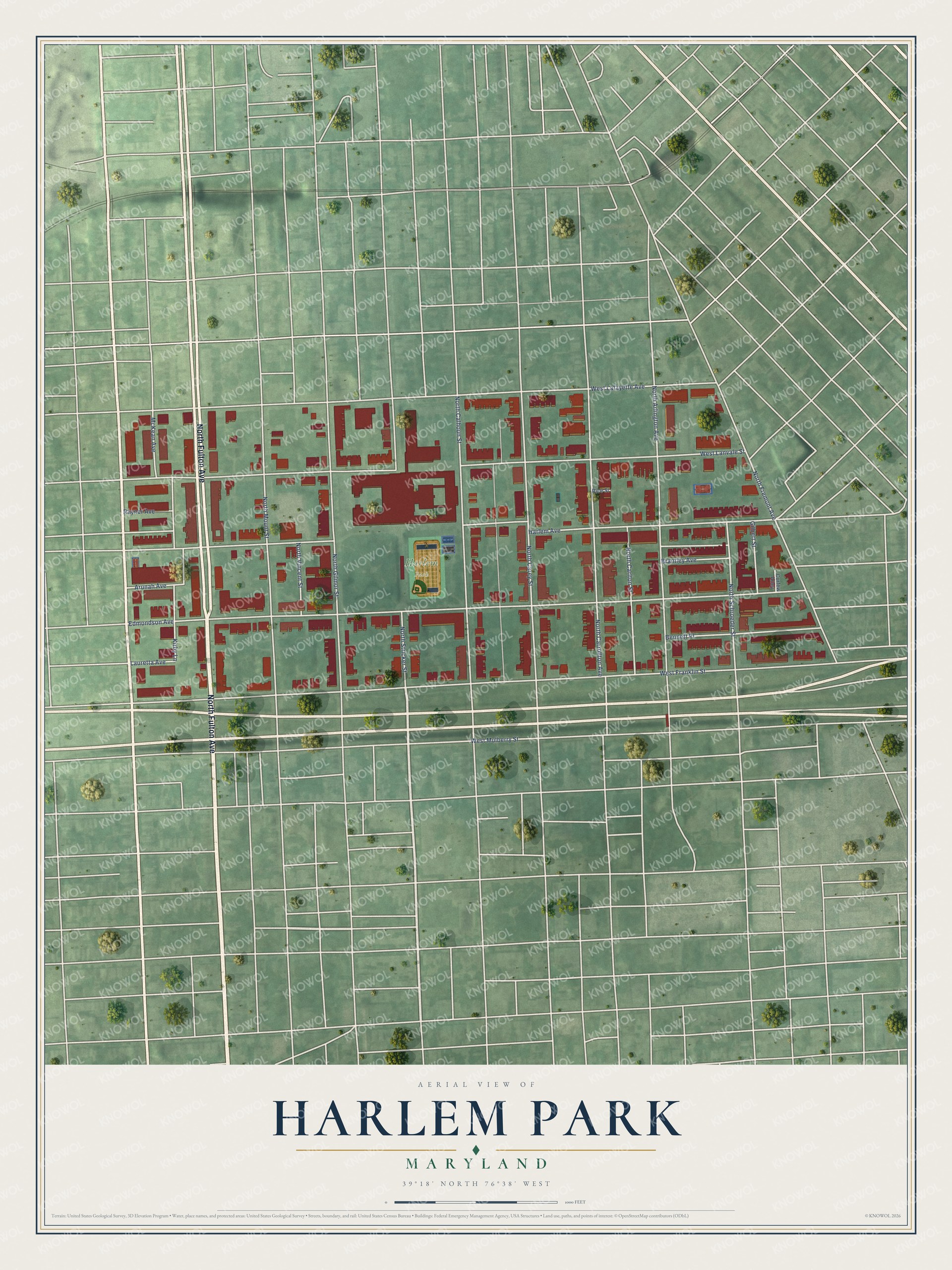 Full map of Harlem Park, Maryland, with red buildings, printed street names and the land around them