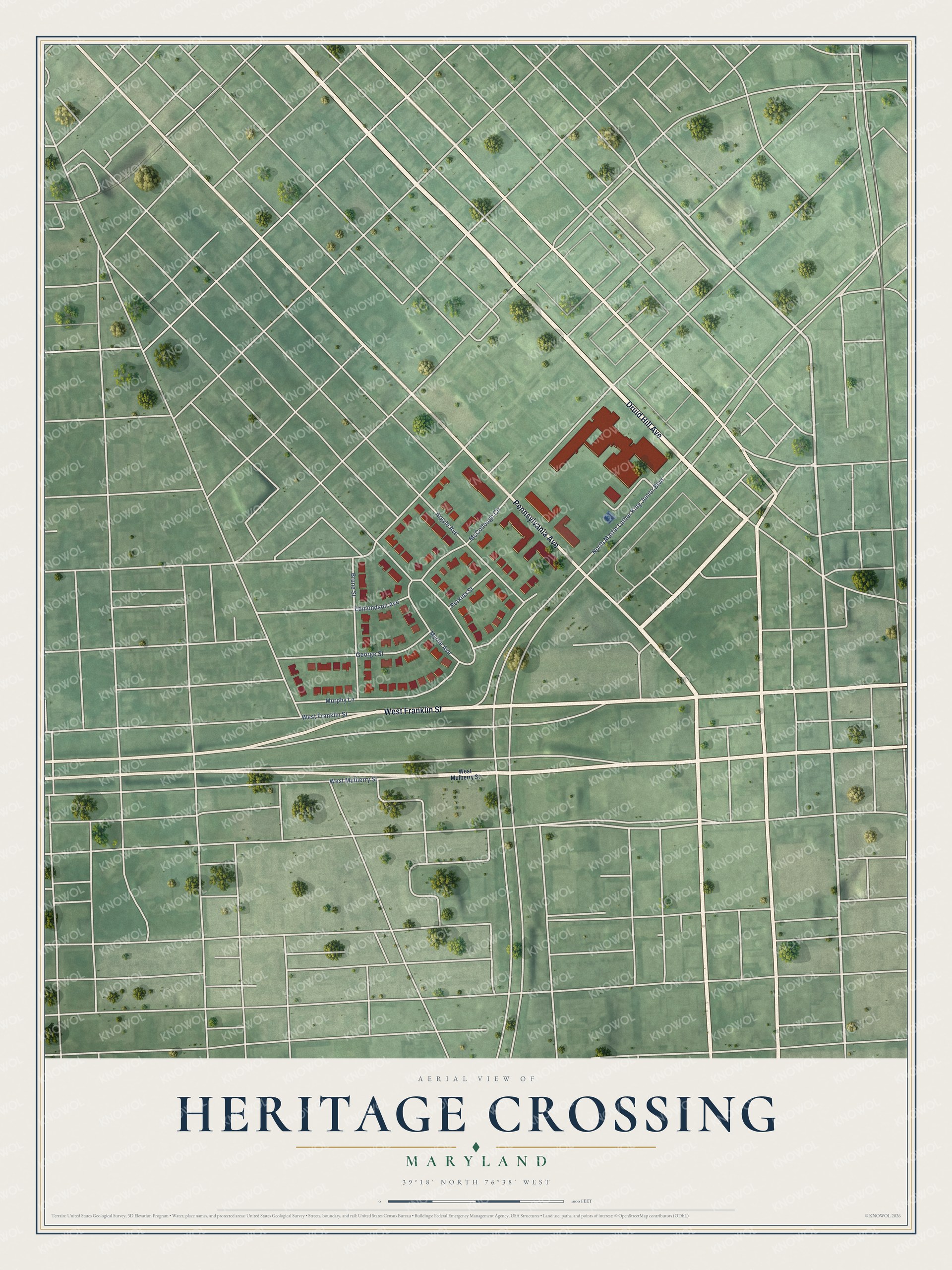 Full map of Heritage Crossing, Maryland, with red buildings, printed street names and the land around them