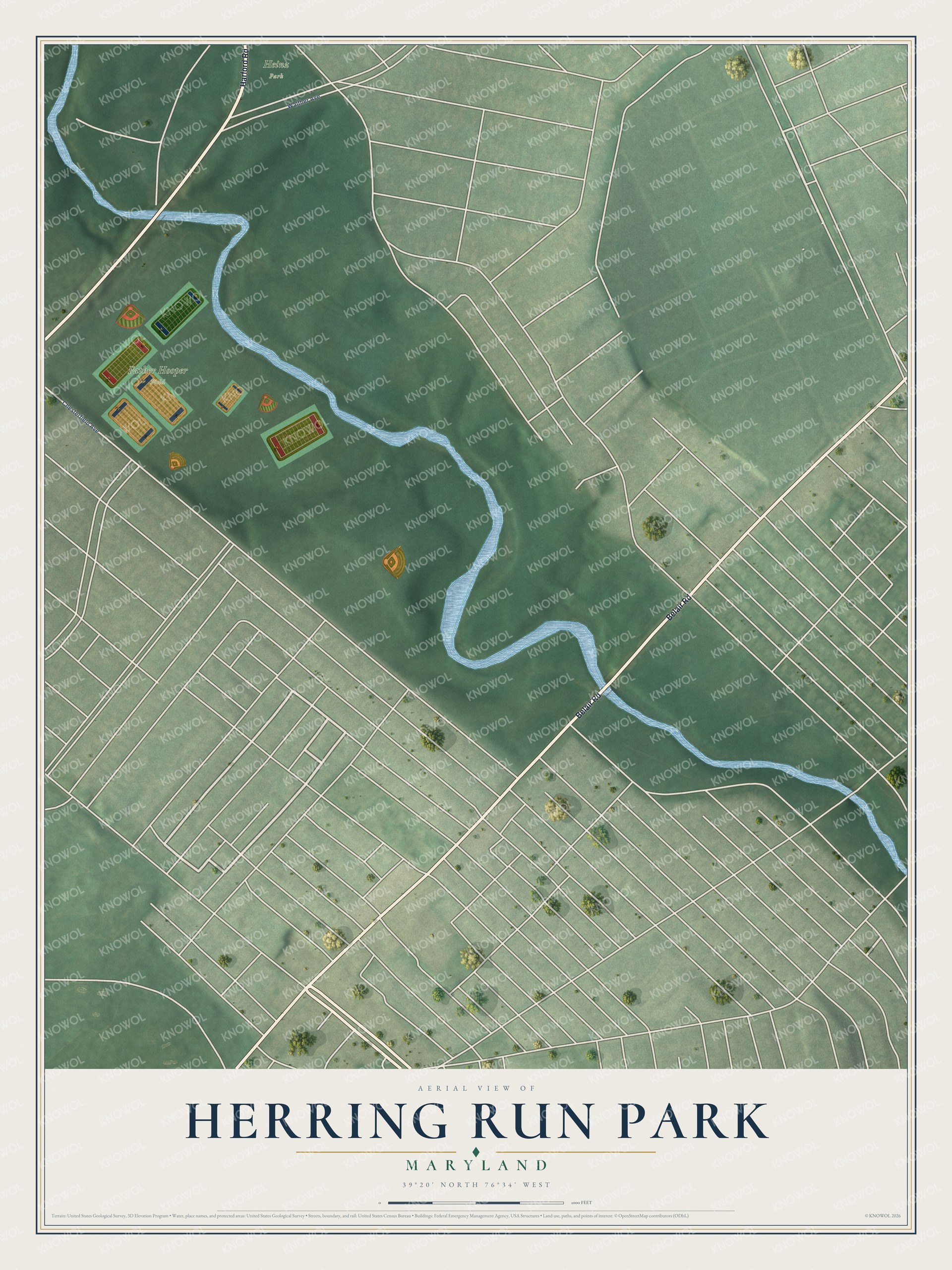 Full map of Herring Run Park, Maryland, with red buildings, printed street names and the land around them