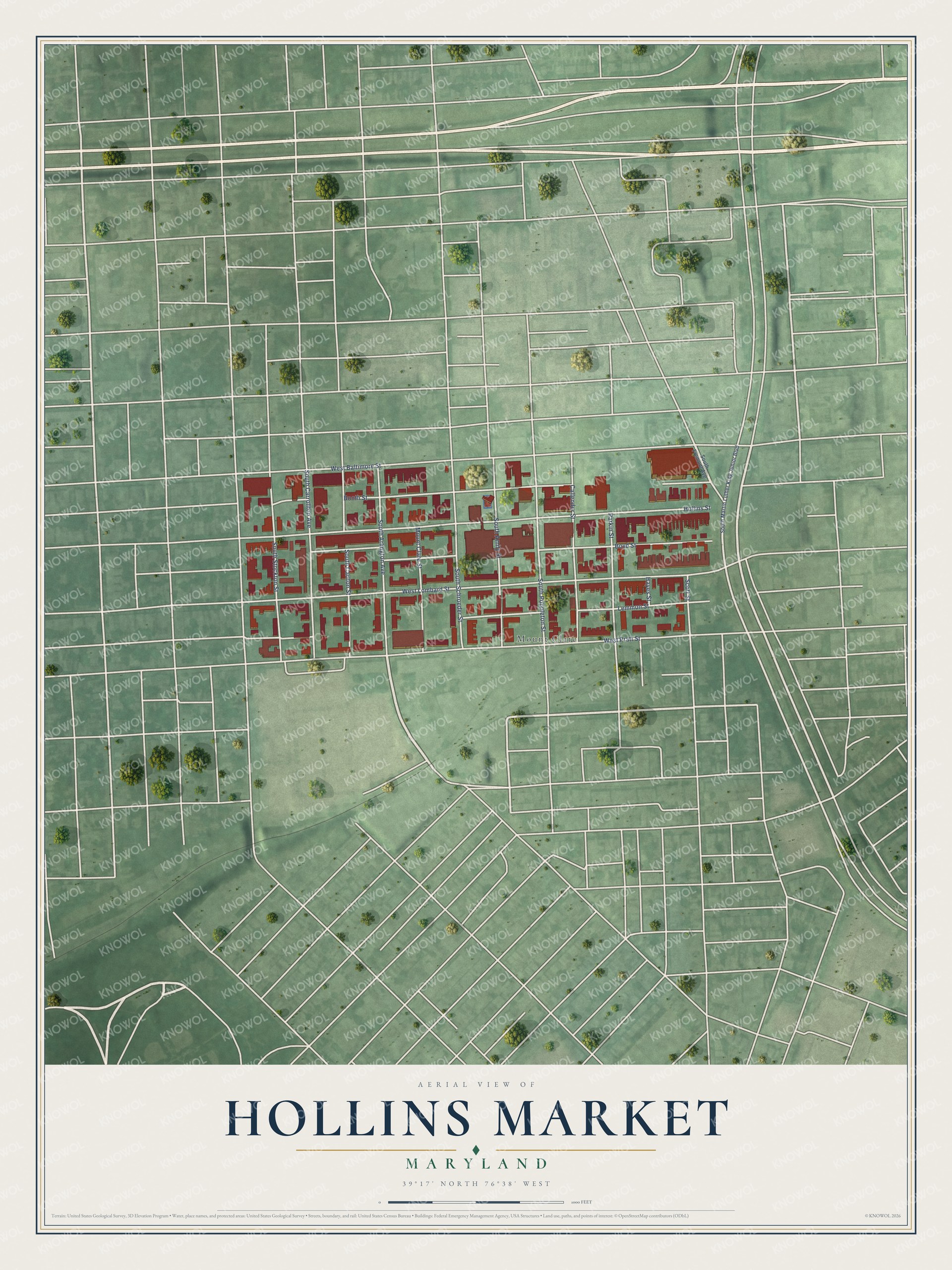 Full map of Hollins Market, Maryland, with red buildings, printed street names and the land around them