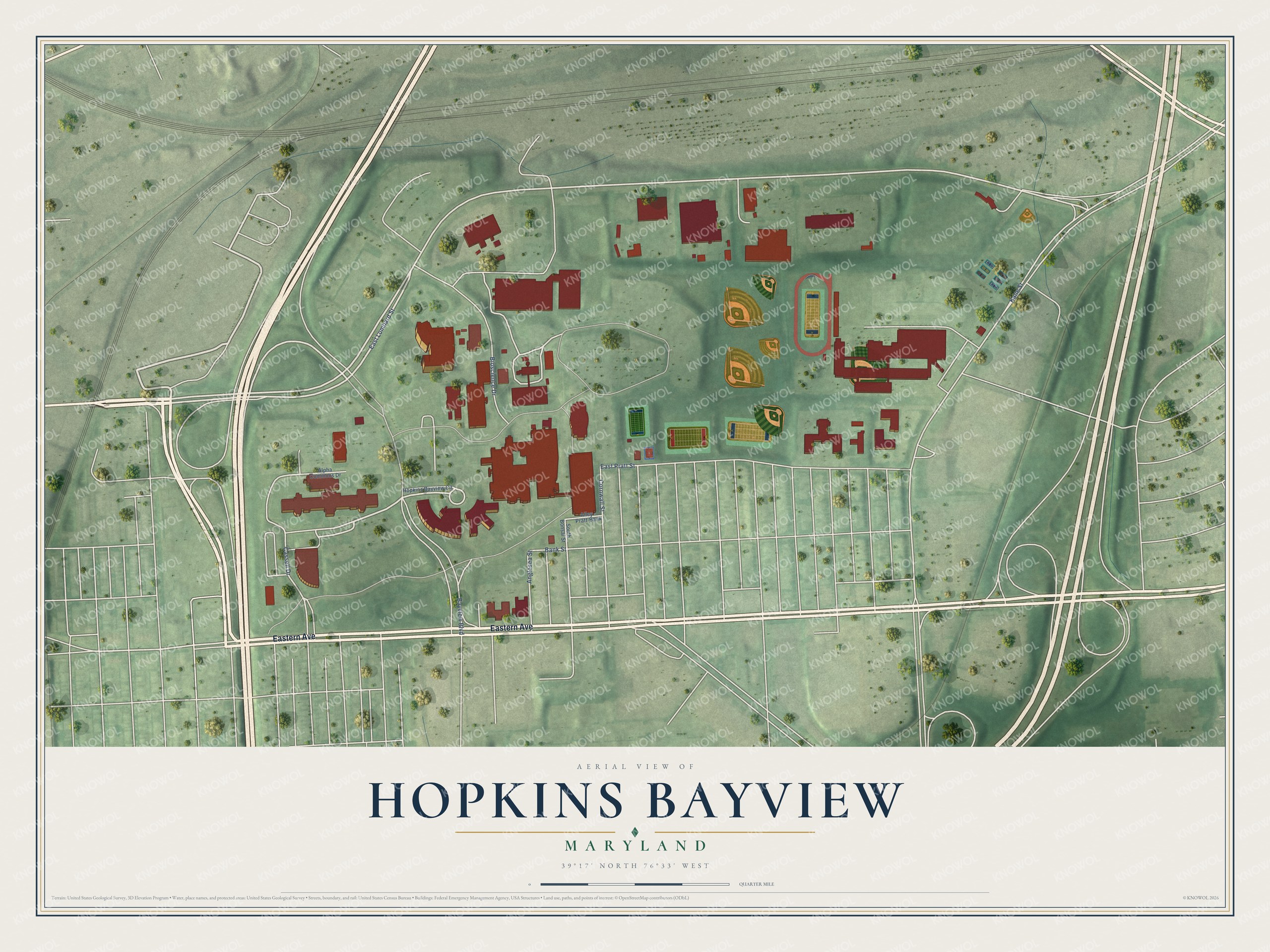 Full map of Hopkins Bayview, Maryland, with red buildings, printed street names and the land around them