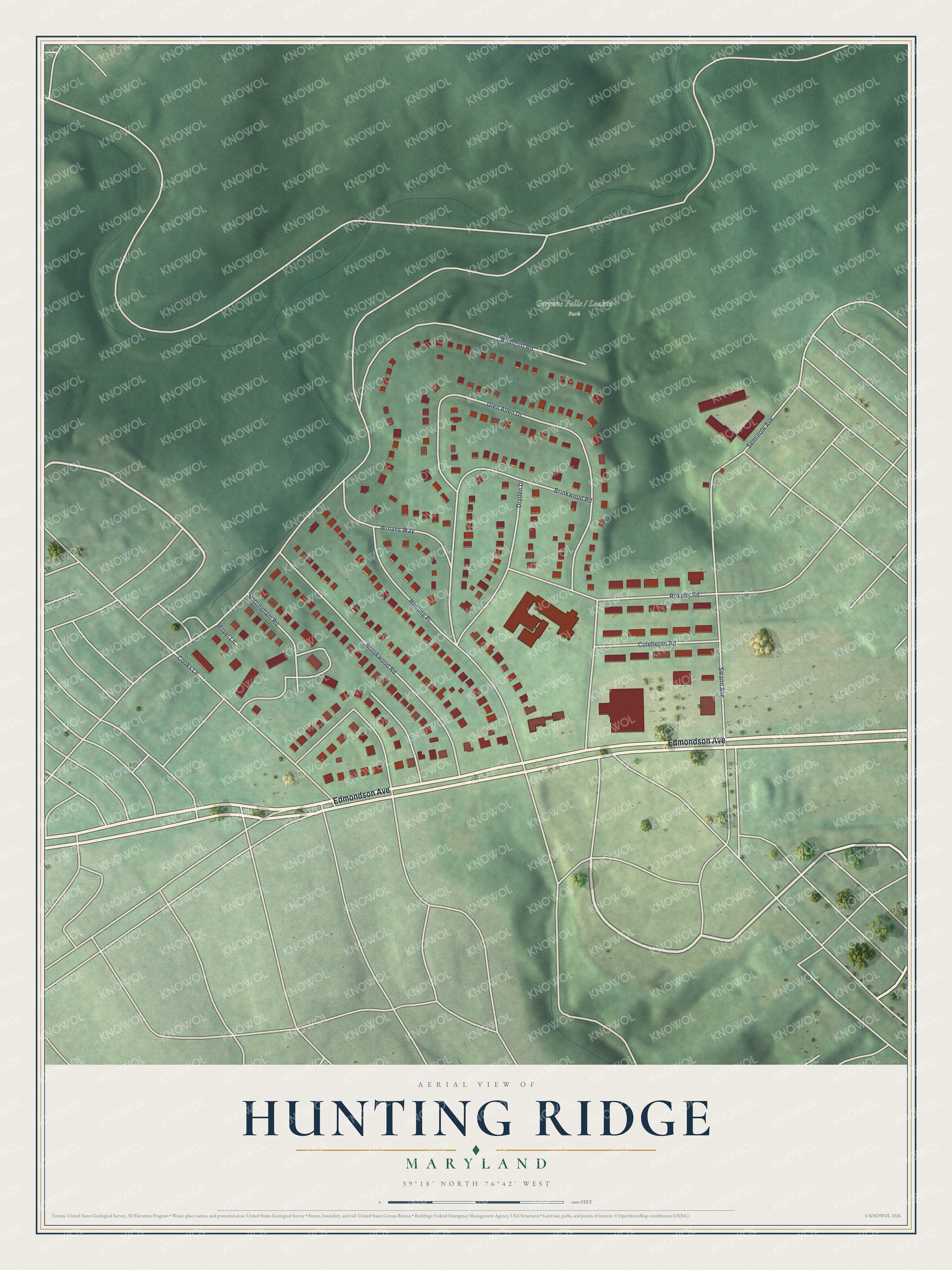 Full map of Hunting Ridge, Maryland, with red buildings, printed street names and the land around them