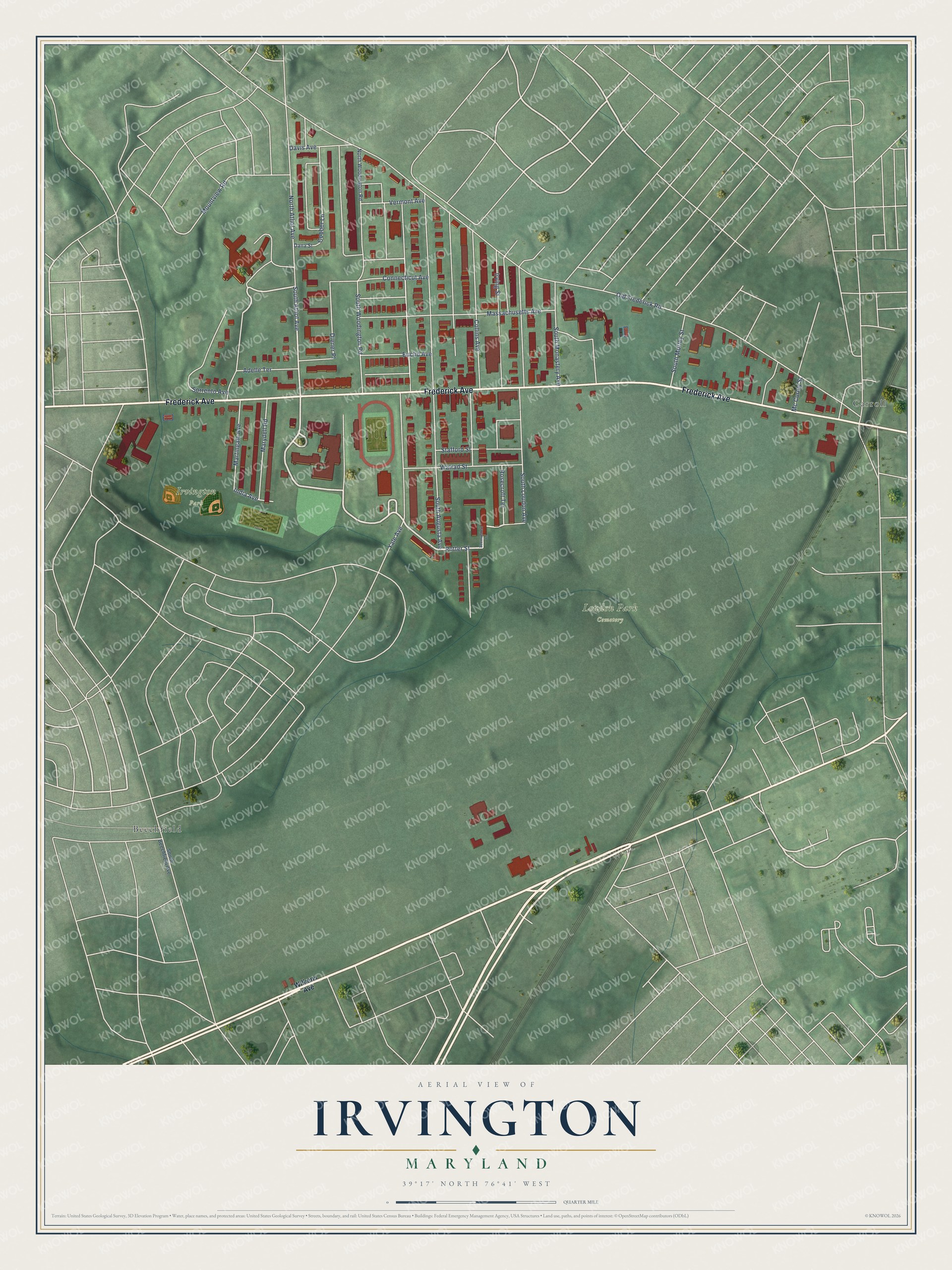 Full map of Irvington, Maryland, with red buildings, printed street names and the land around them