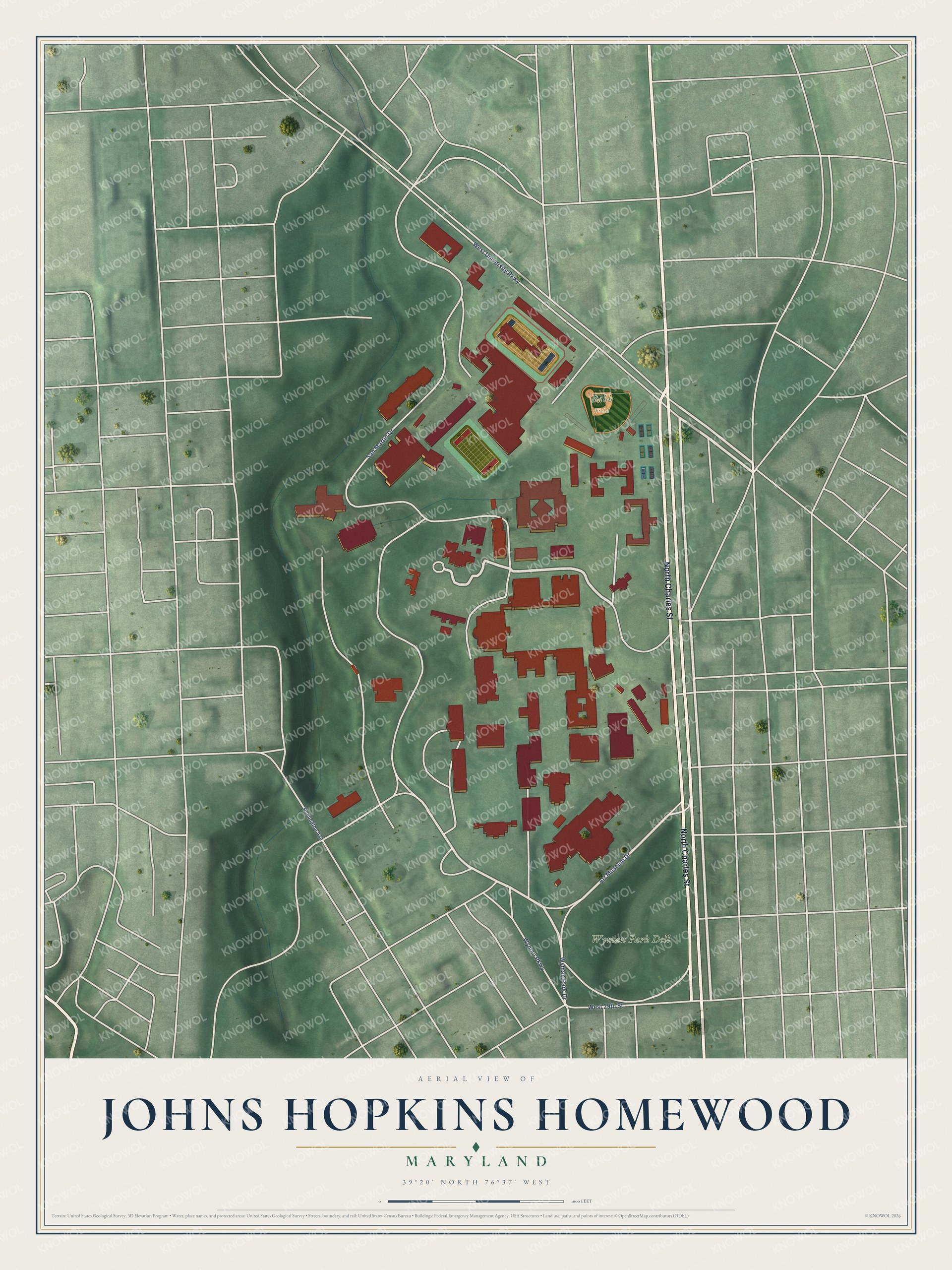 Full map of Johns Hopkins Homewood, Maryland, with red buildings, printed street names and the land around them