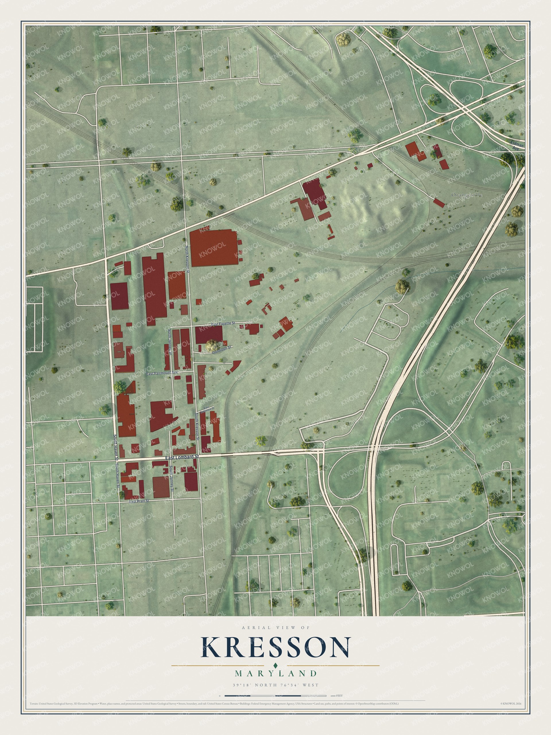 Full map of Kresson, Maryland, with red buildings, printed street names and the land around them