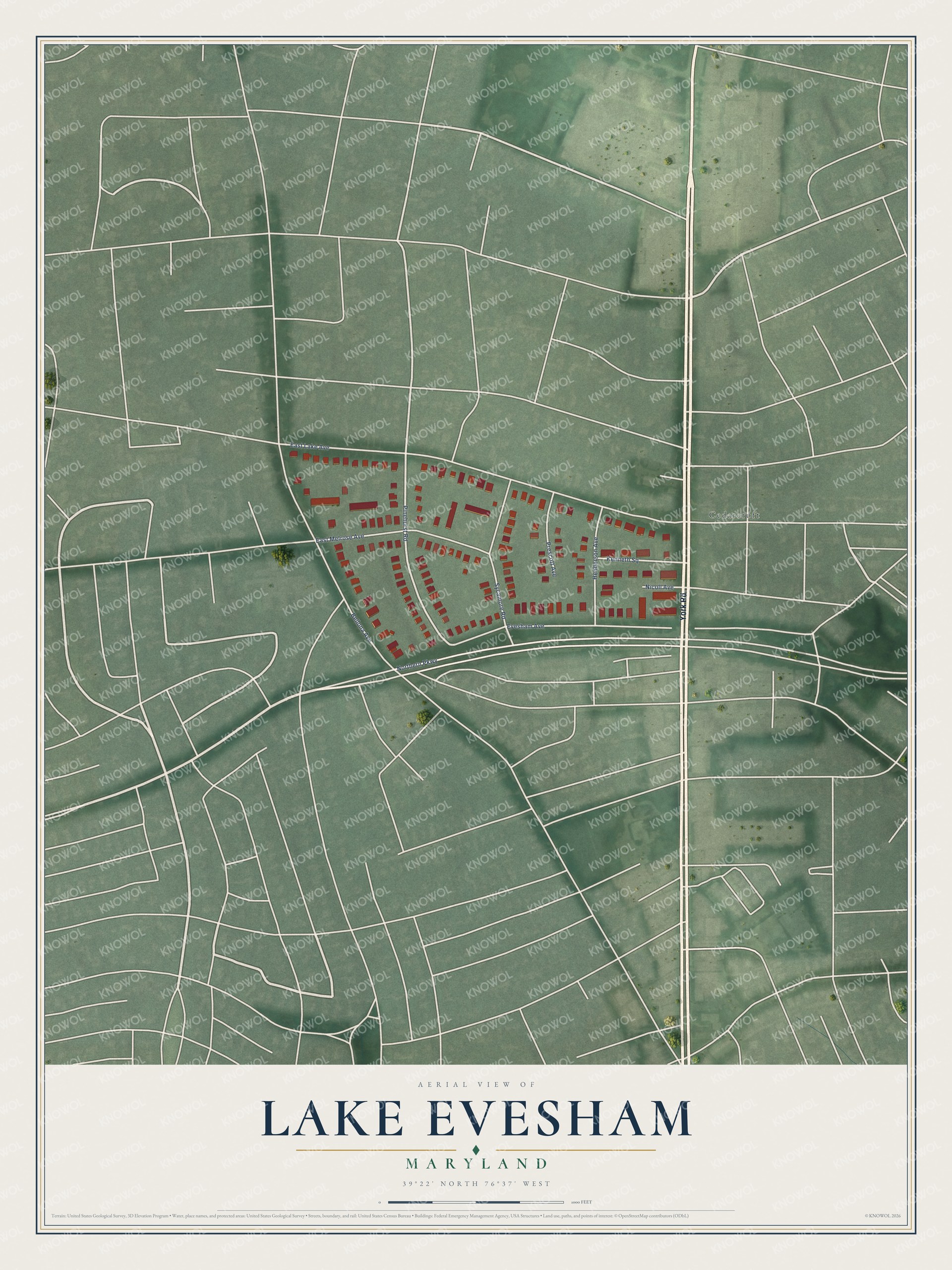 Full map of Lake Evesham, Maryland, with red buildings, printed street names and the land around them