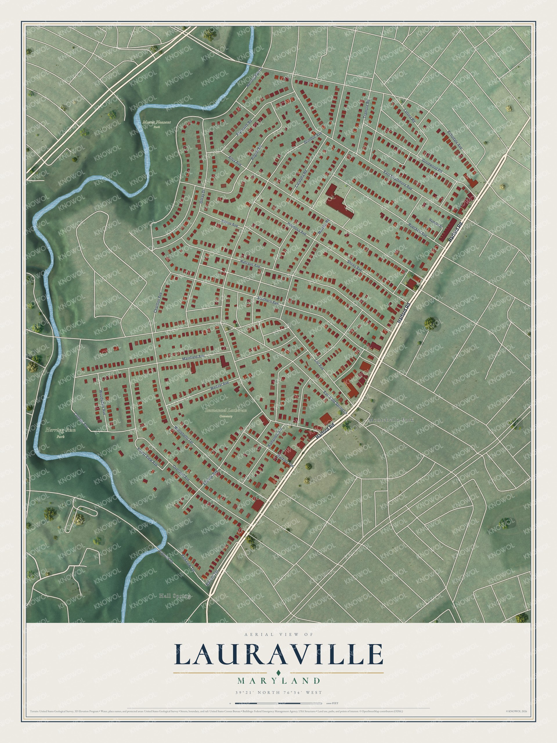 Full map of Lauraville, Maryland, with red buildings, printed street names and the land around them