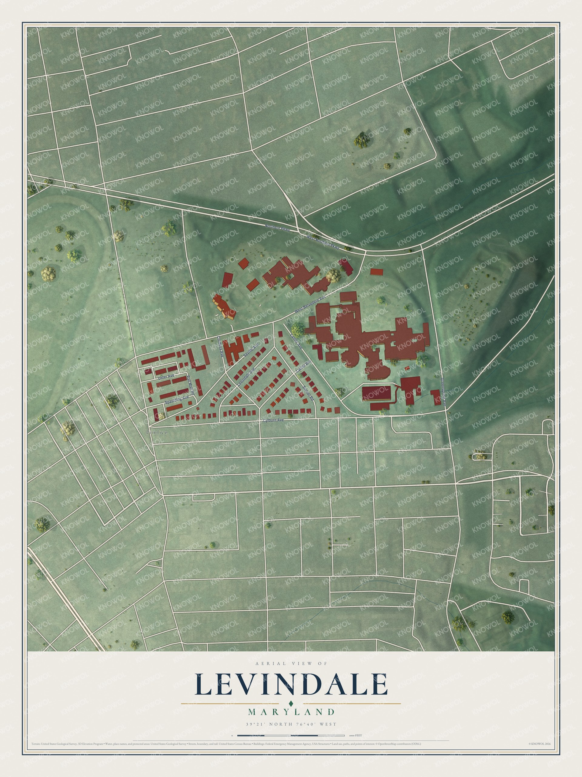 Full map of Levindale, Maryland, with red buildings, printed street names and the land around them