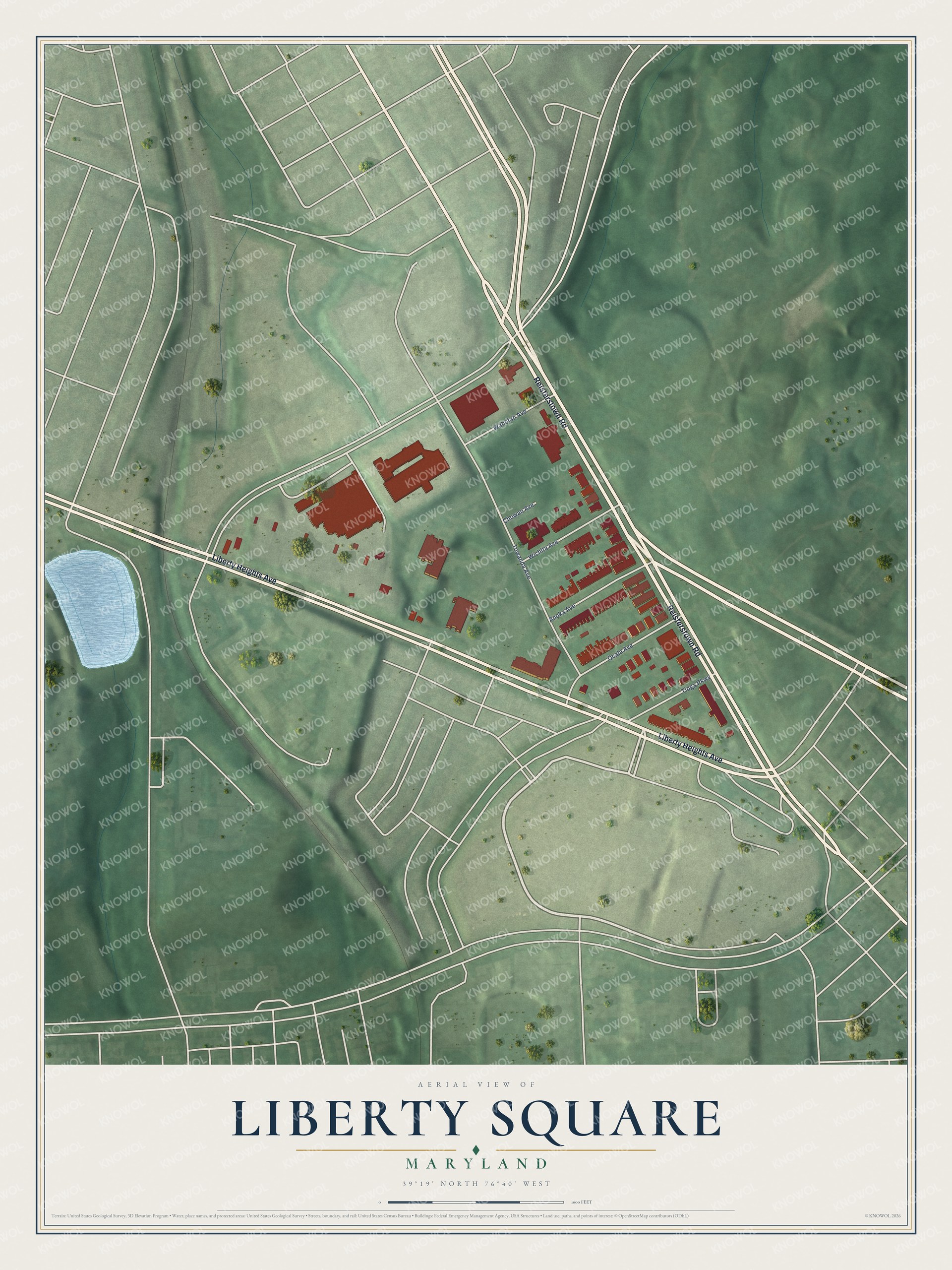 Full map of Liberty Square, Maryland, with red buildings, printed street names and the land around them