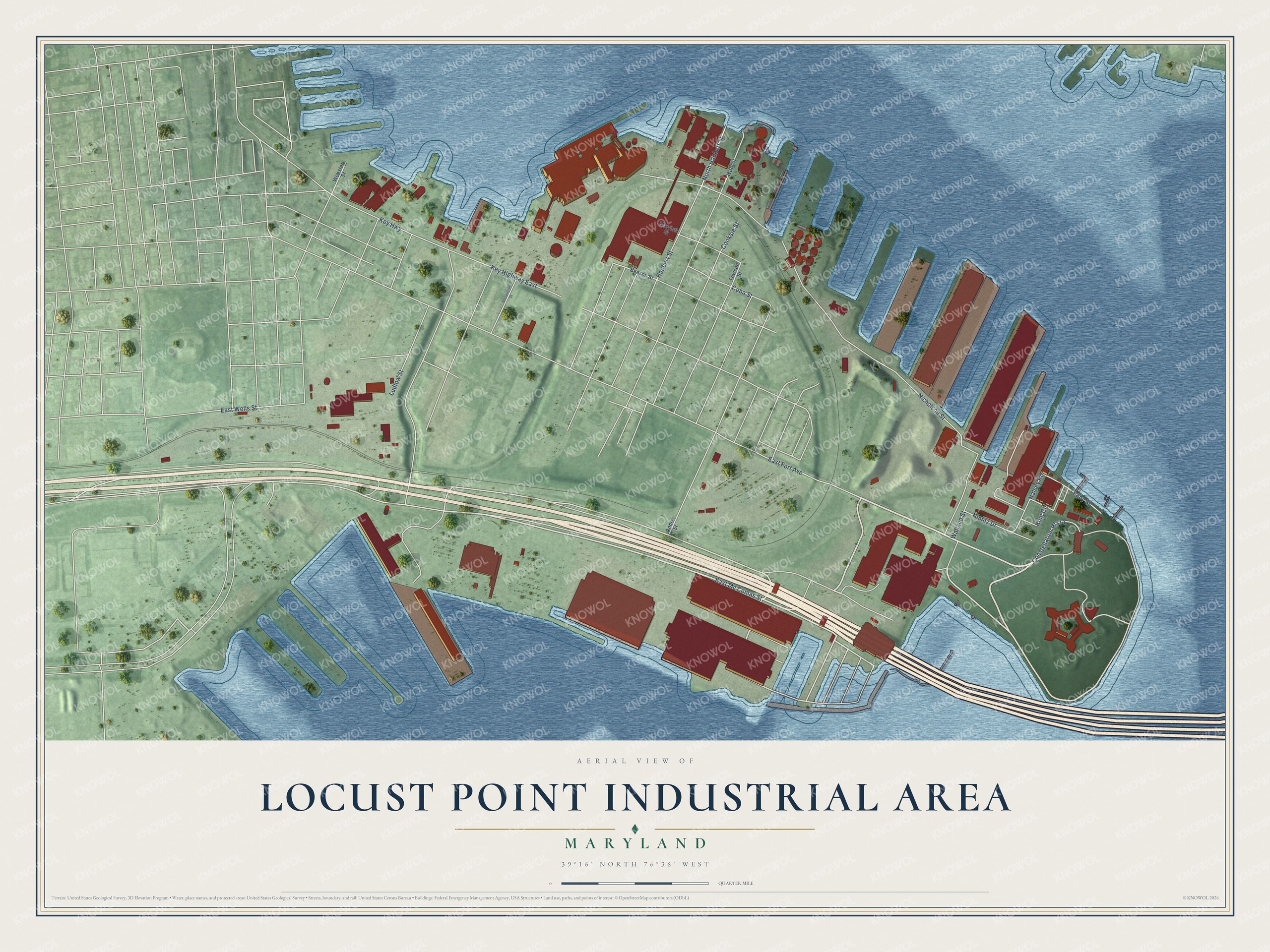 Full map of Locust Point Industrial Area, Maryland, with red buildings, printed street names and the land around them