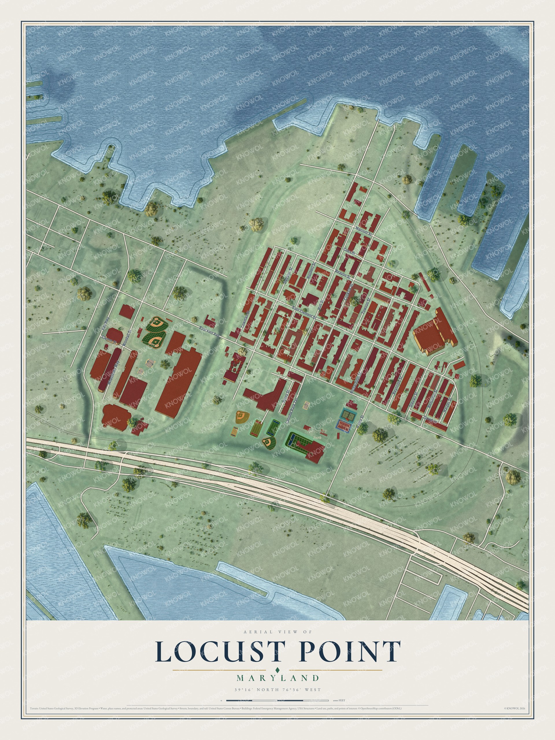 Full map of Locust Point, Maryland, with red buildings, printed street names and the land around them