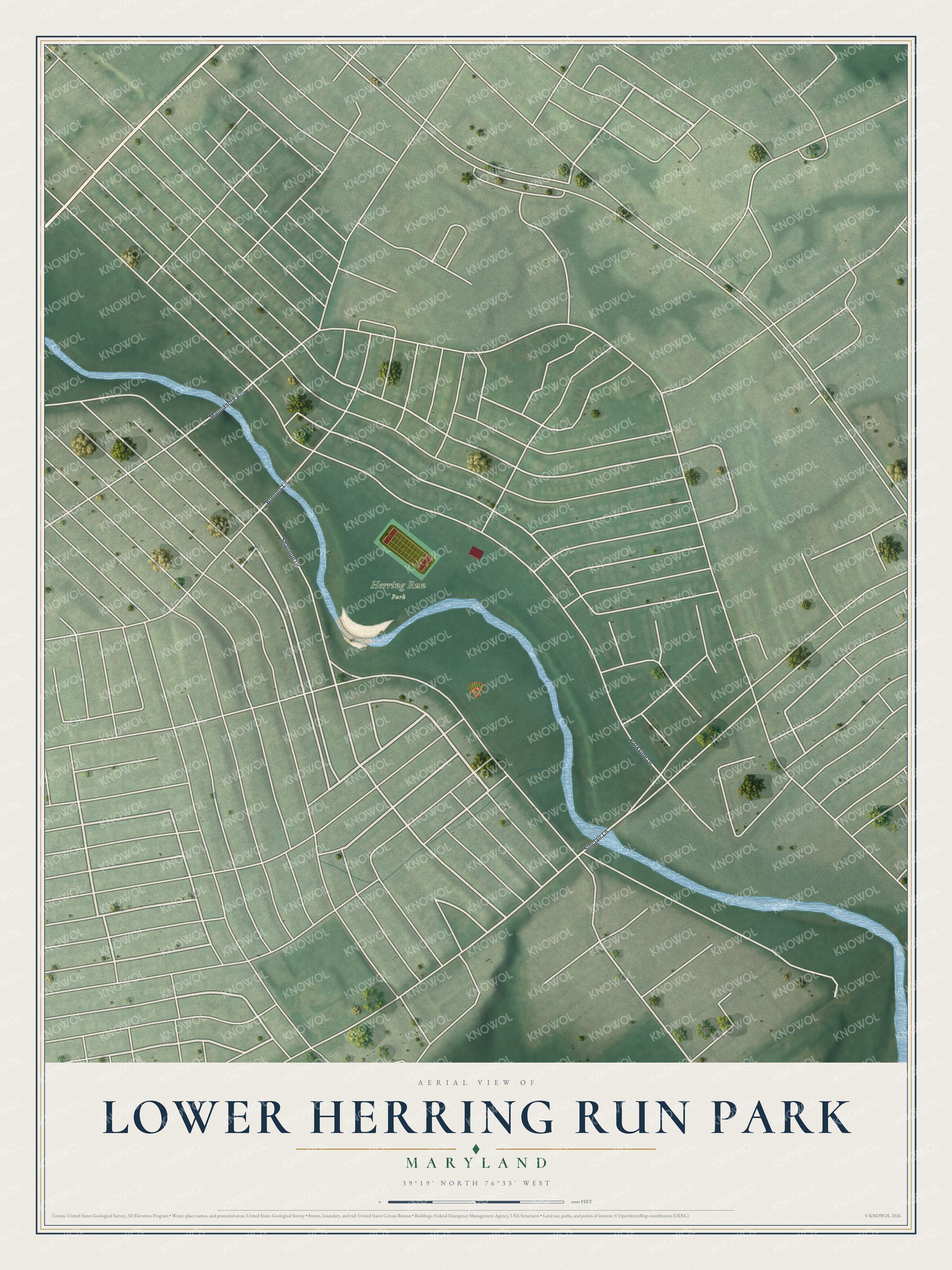 Full map of Lower Herring Run Park, Maryland, with red buildings, printed street names and the land around them
