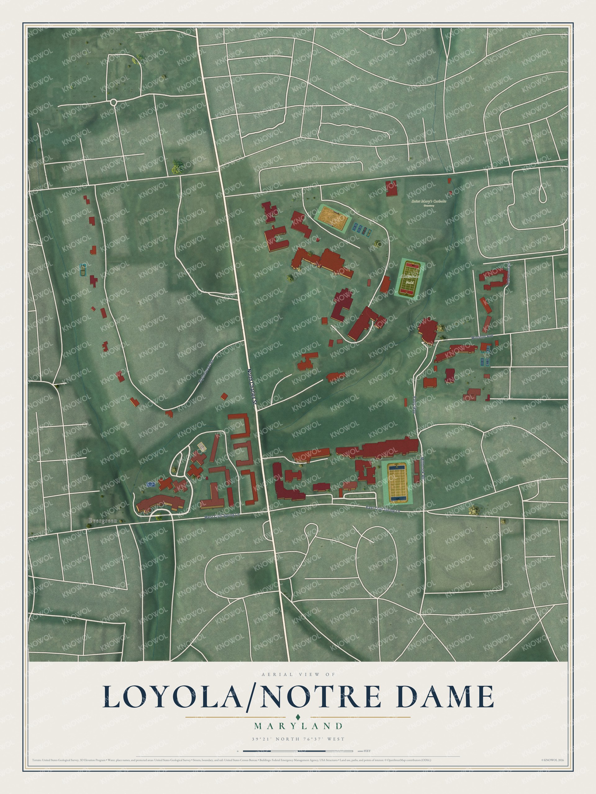 Full map of Loyola/Notre Dame, Maryland, with red buildings, printed street names and the land around them