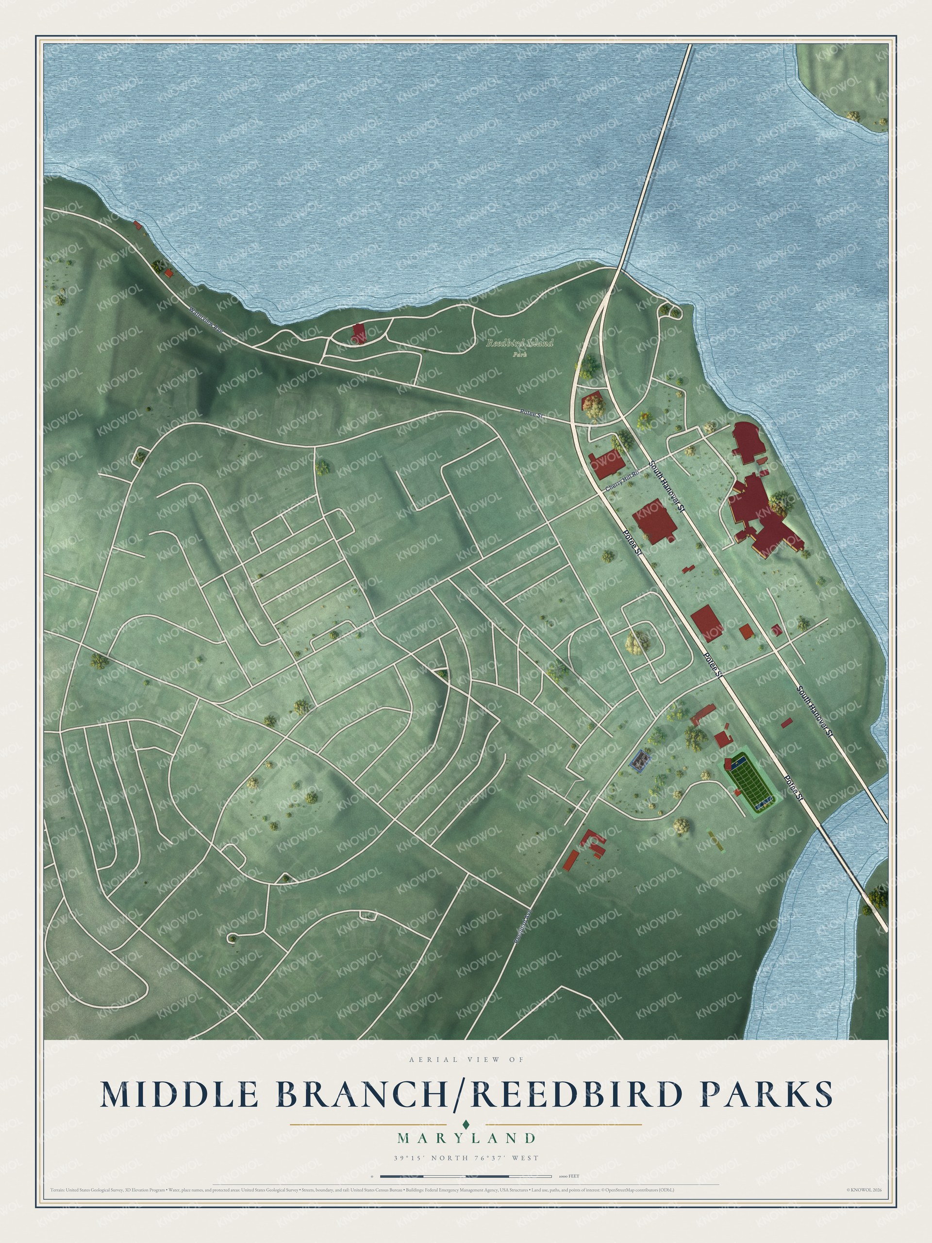 Full map of Middle Branch/Reedbird Parks, Maryland, with red buildings, printed street names and the land around them
