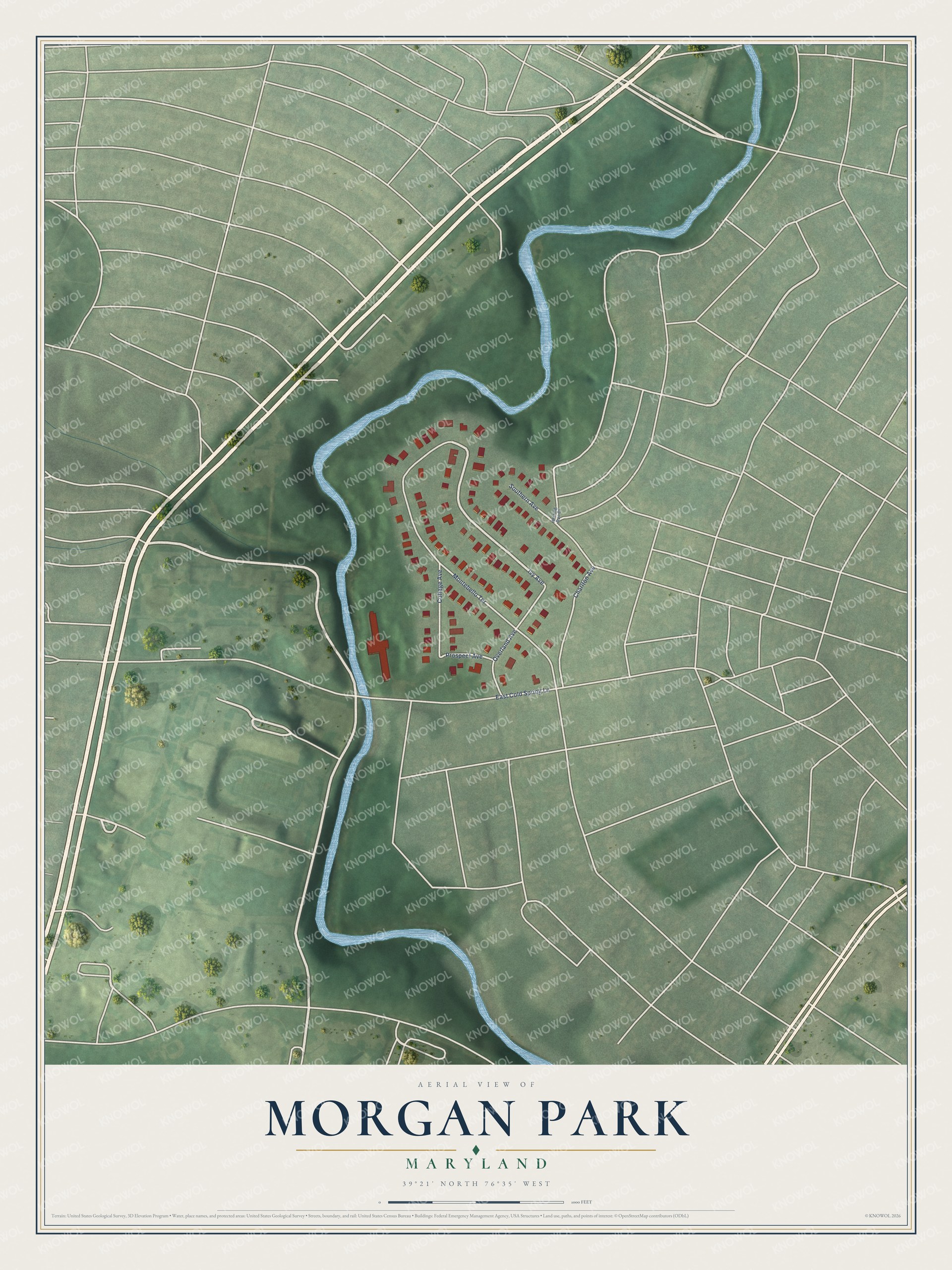 Full map of Morgan Park, Maryland, with red buildings, printed street names and the land around them