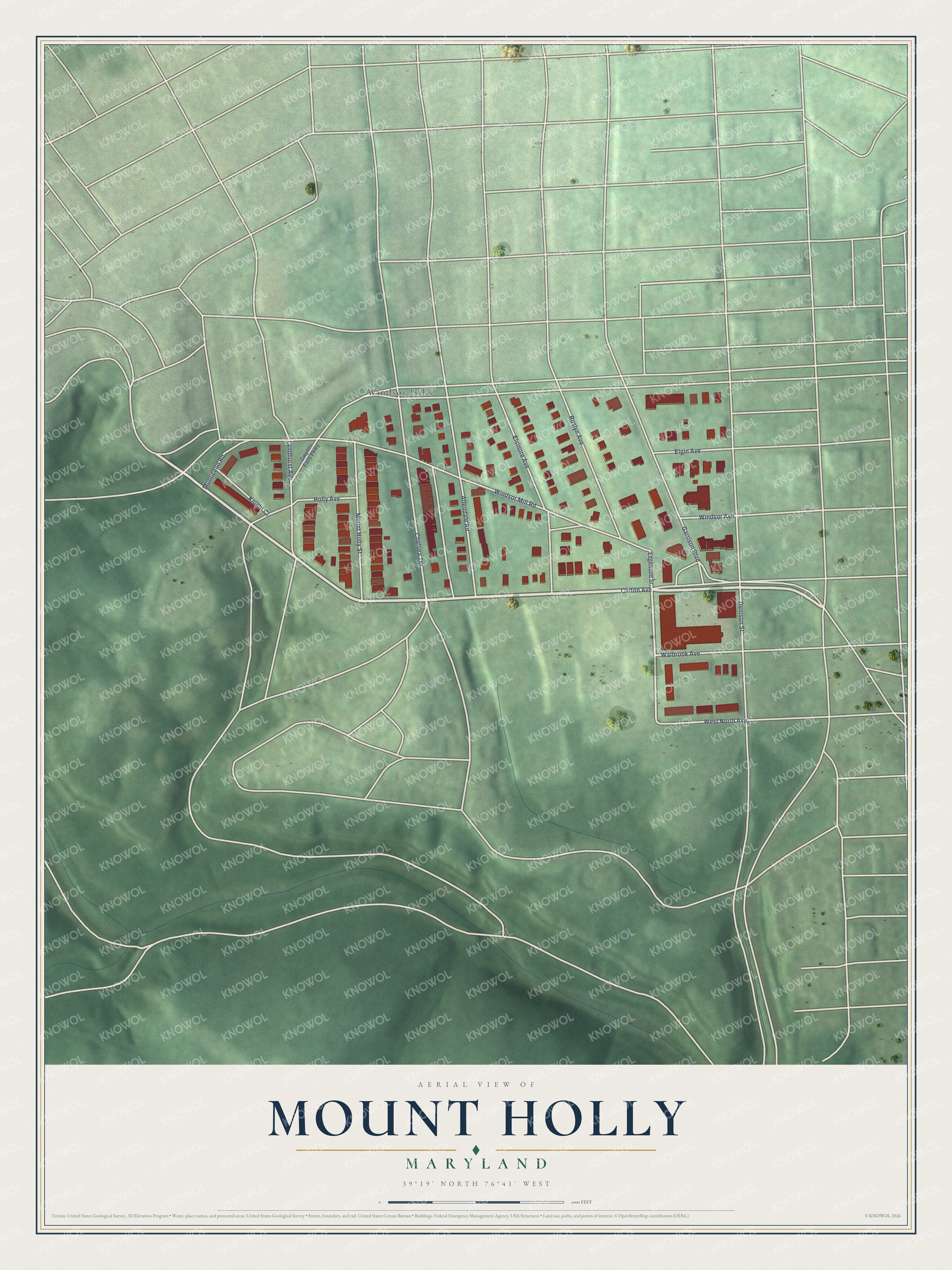 Full map of Mount Holly, Maryland, with red buildings, printed street names and the land around them