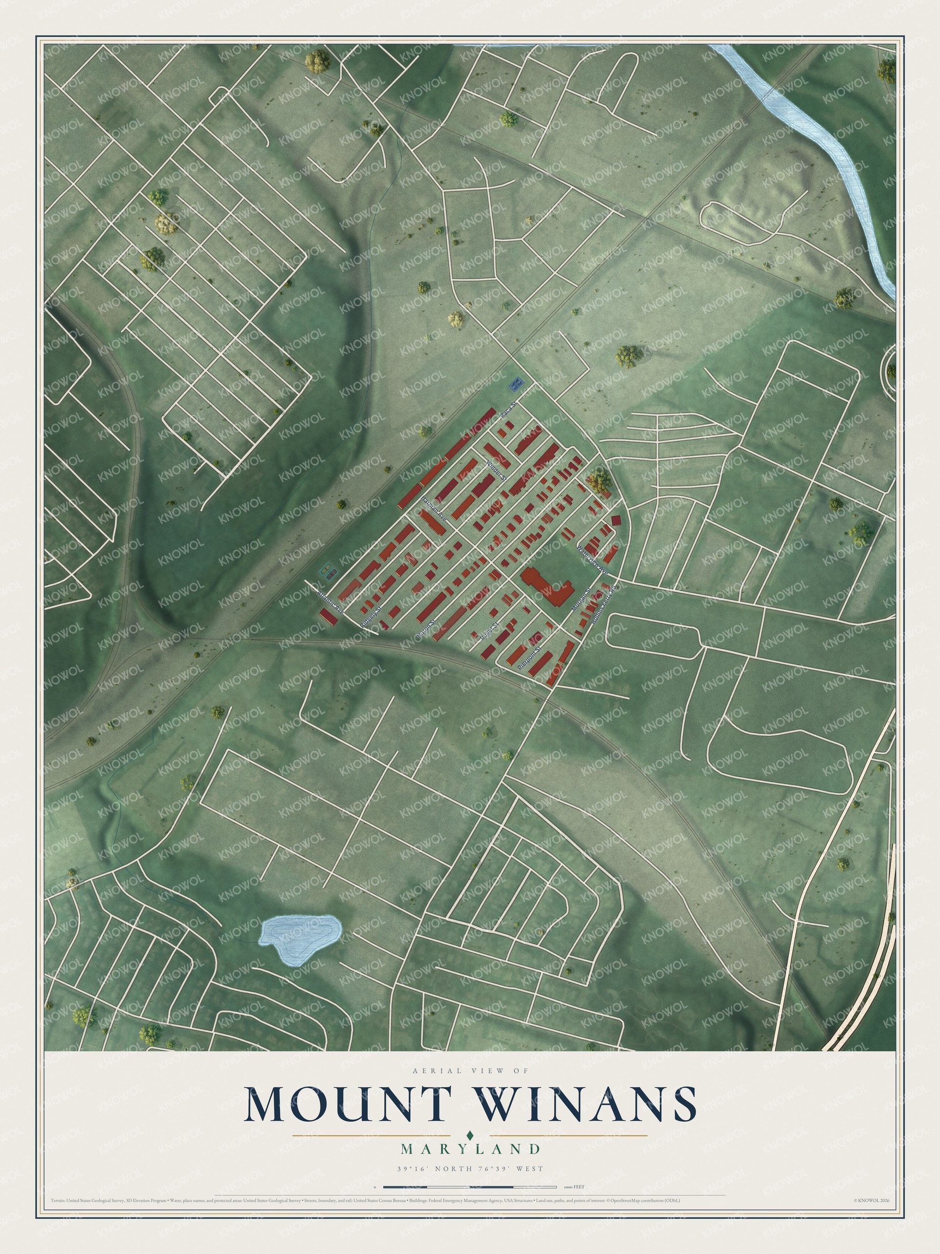 Full map of Mount Winans, Maryland, with red buildings, printed street names and the land around them