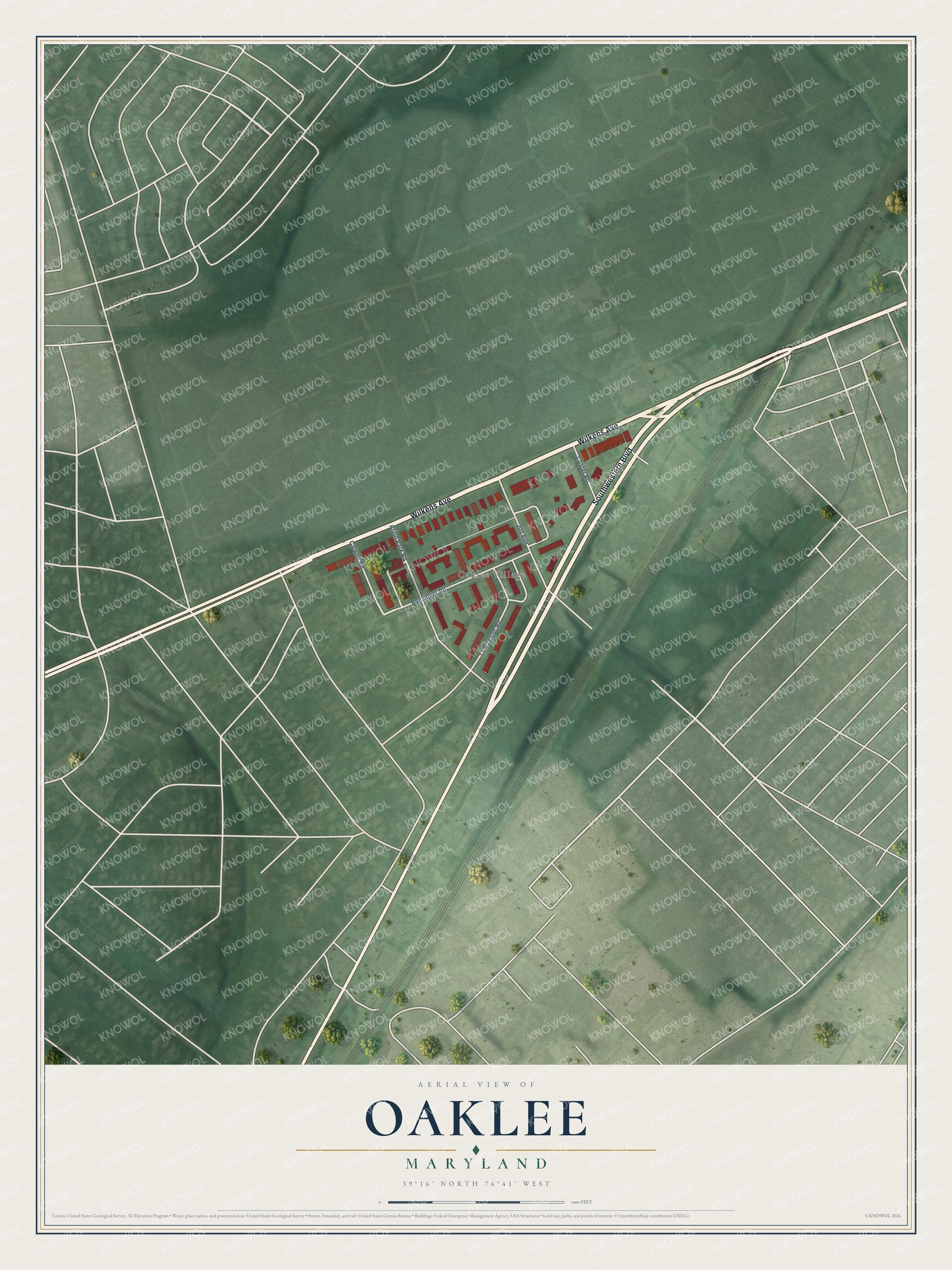 Full map of Oaklee, Maryland, with red buildings, printed street names and the land around them