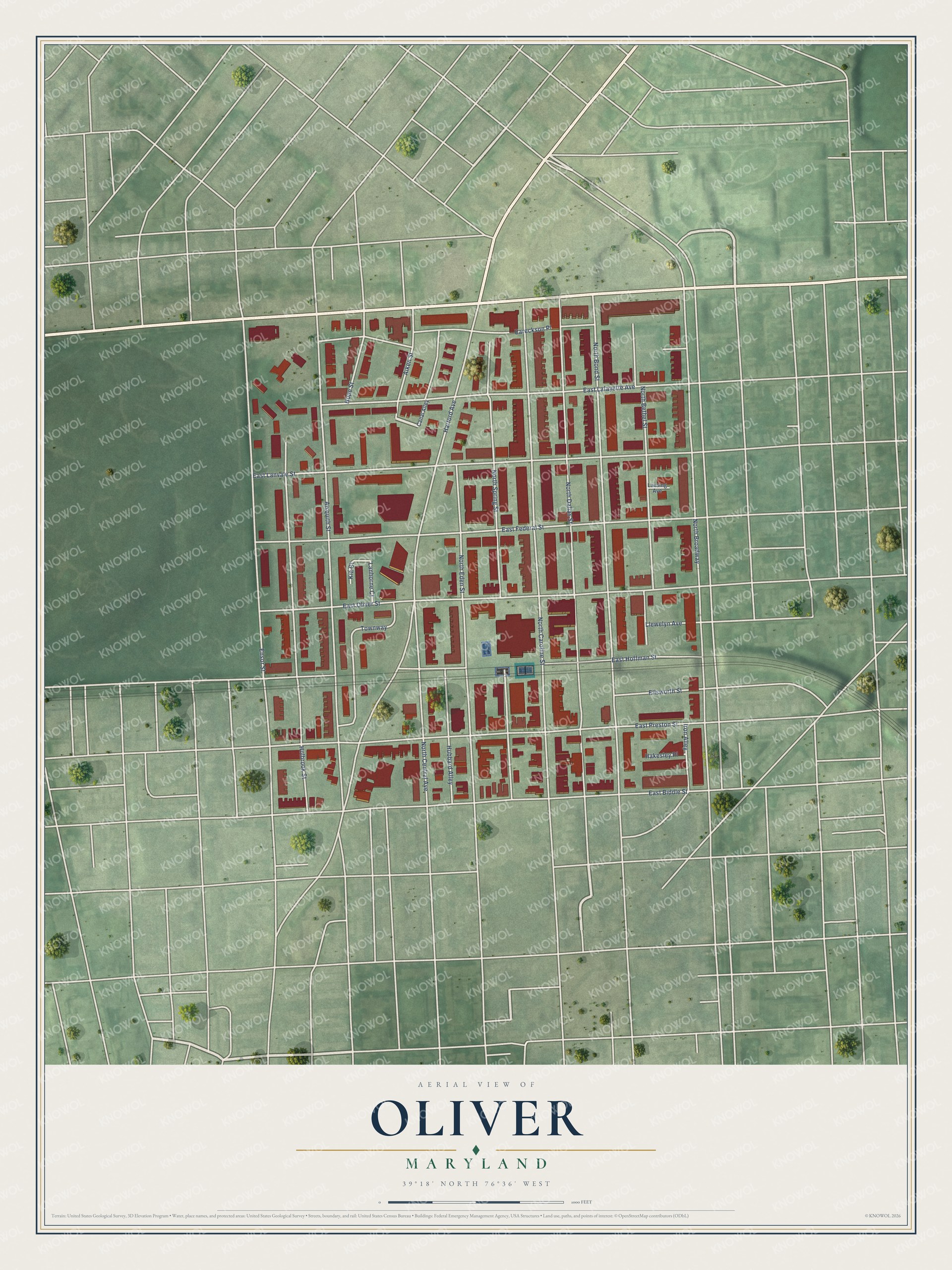 Full map of Oliver, Maryland, with red buildings, printed street names and the land around them