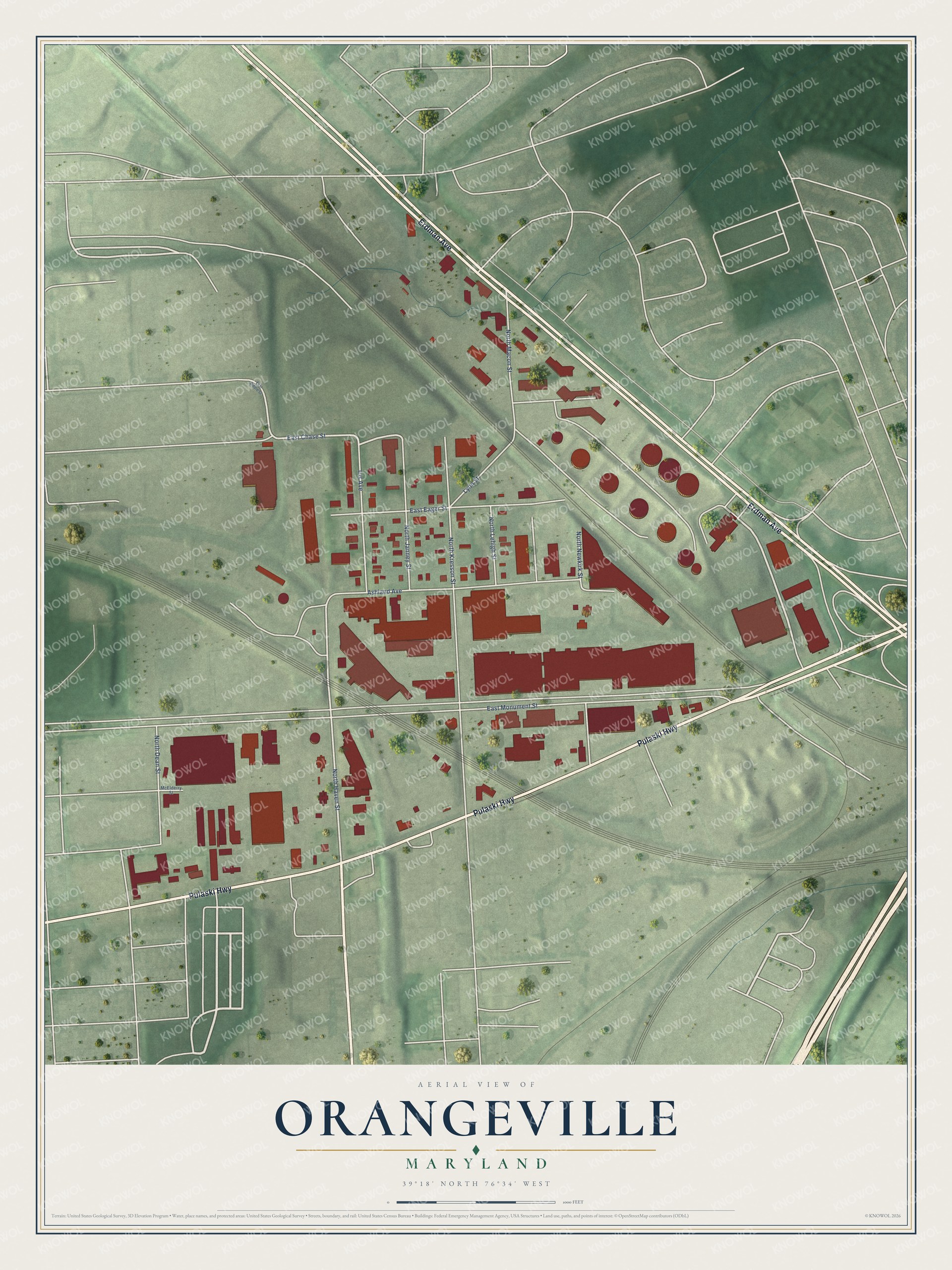 Full map of Orangeville, Maryland, with red buildings, printed street names and the land around them