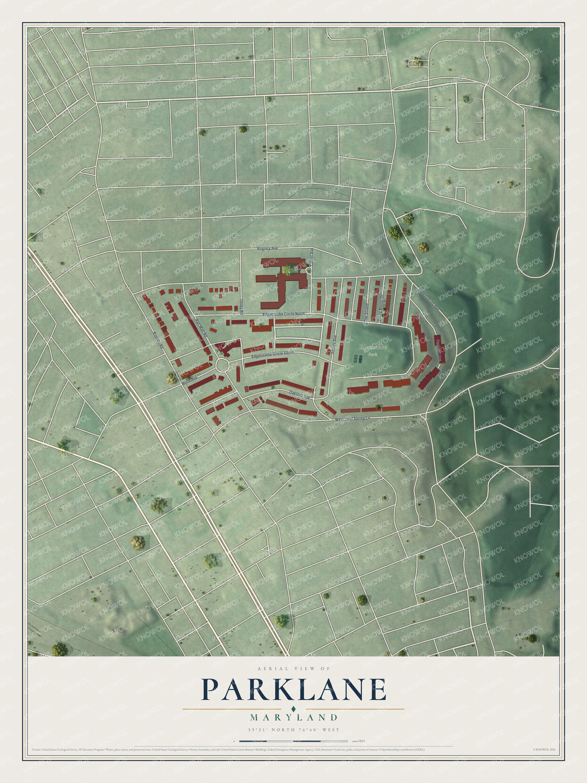 Full map of Parklane, Maryland, with red buildings, printed street names and the land around them