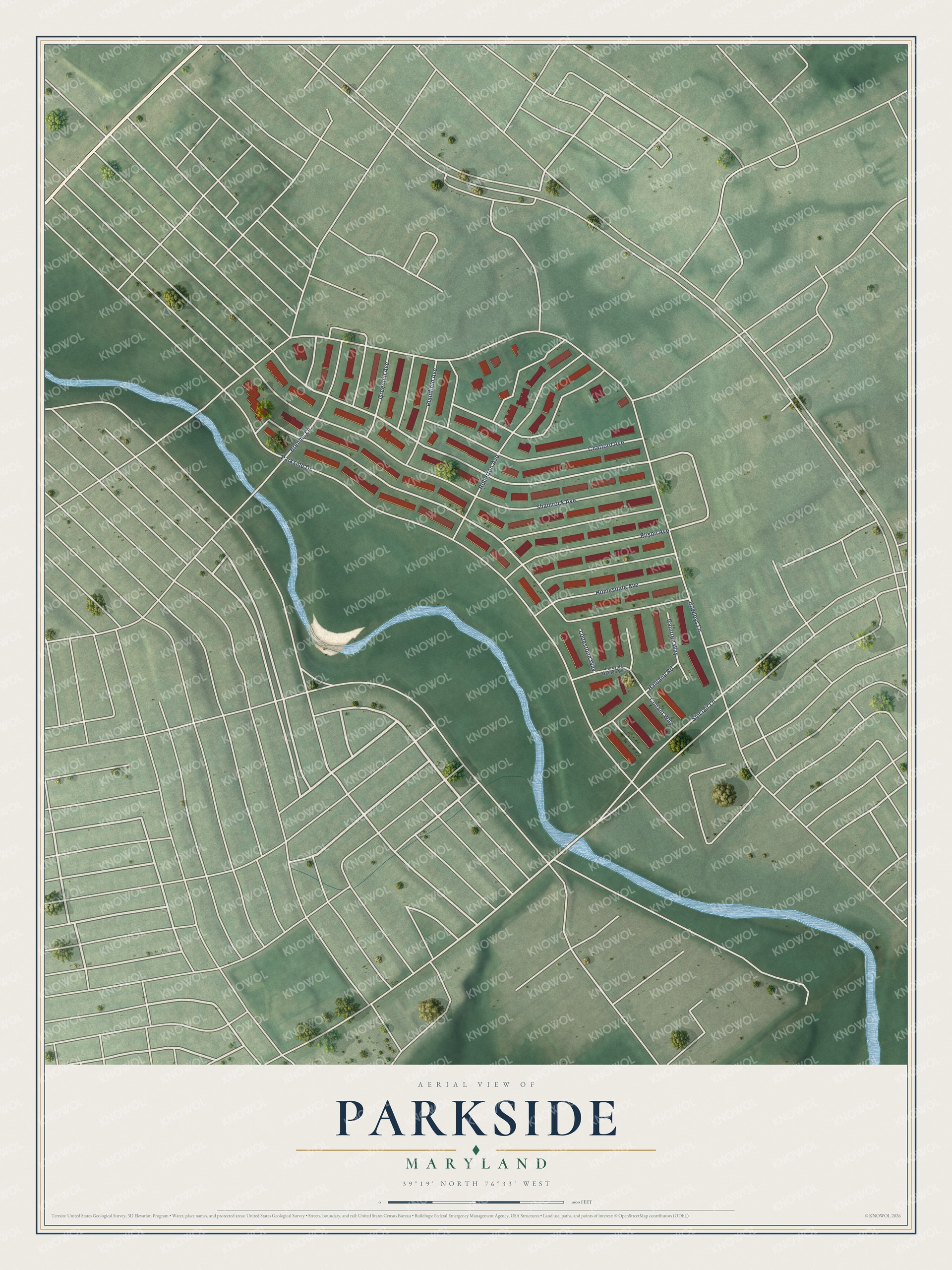 Full map of Parkside, Maryland, with red buildings, printed street names and the land around them