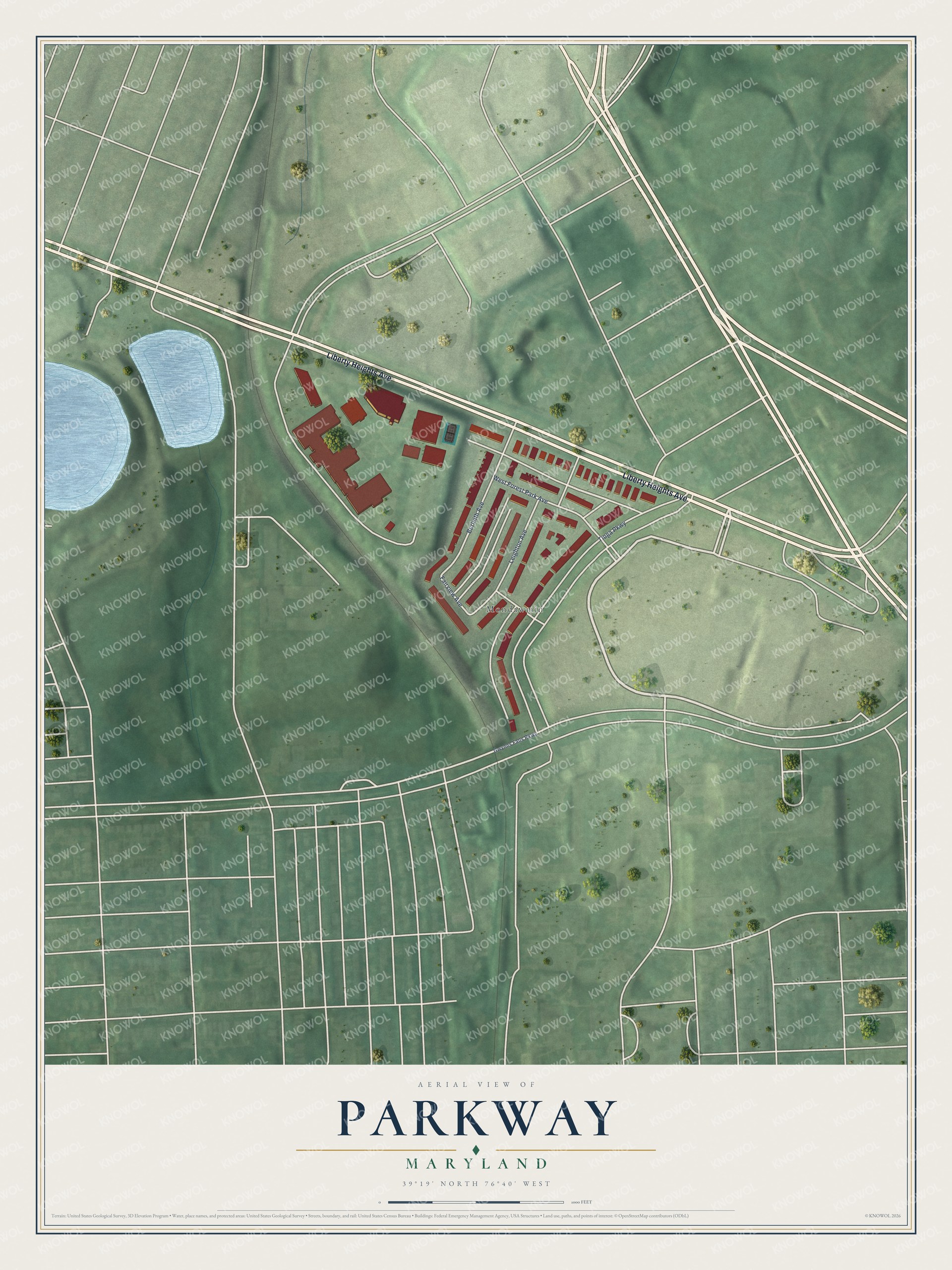 Full map of Parkway, Maryland, with red buildings, printed street names and the land around them