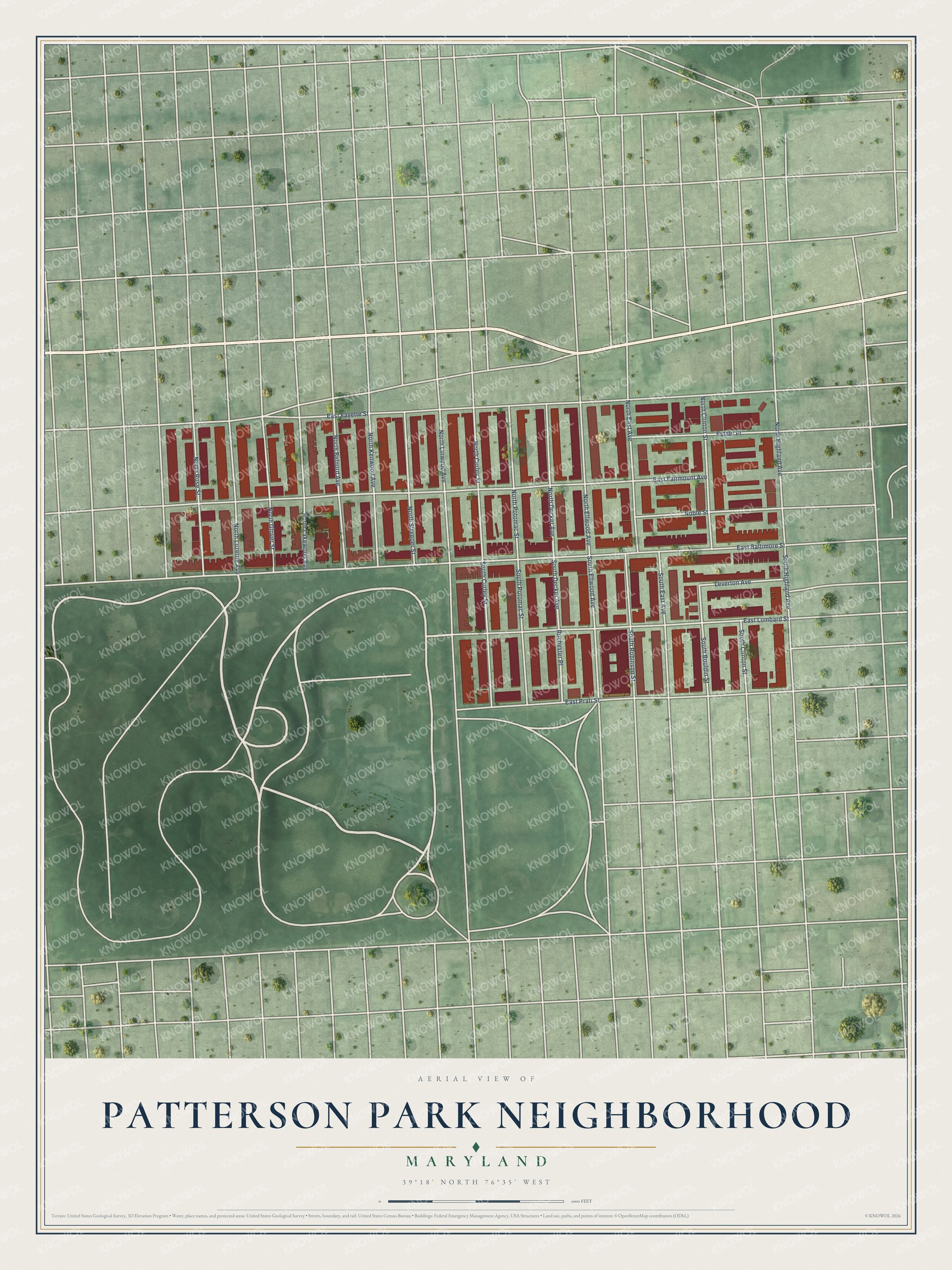 Full map of Patterson Park Neighborhood, Maryland, with red buildings, printed street names and the land around them