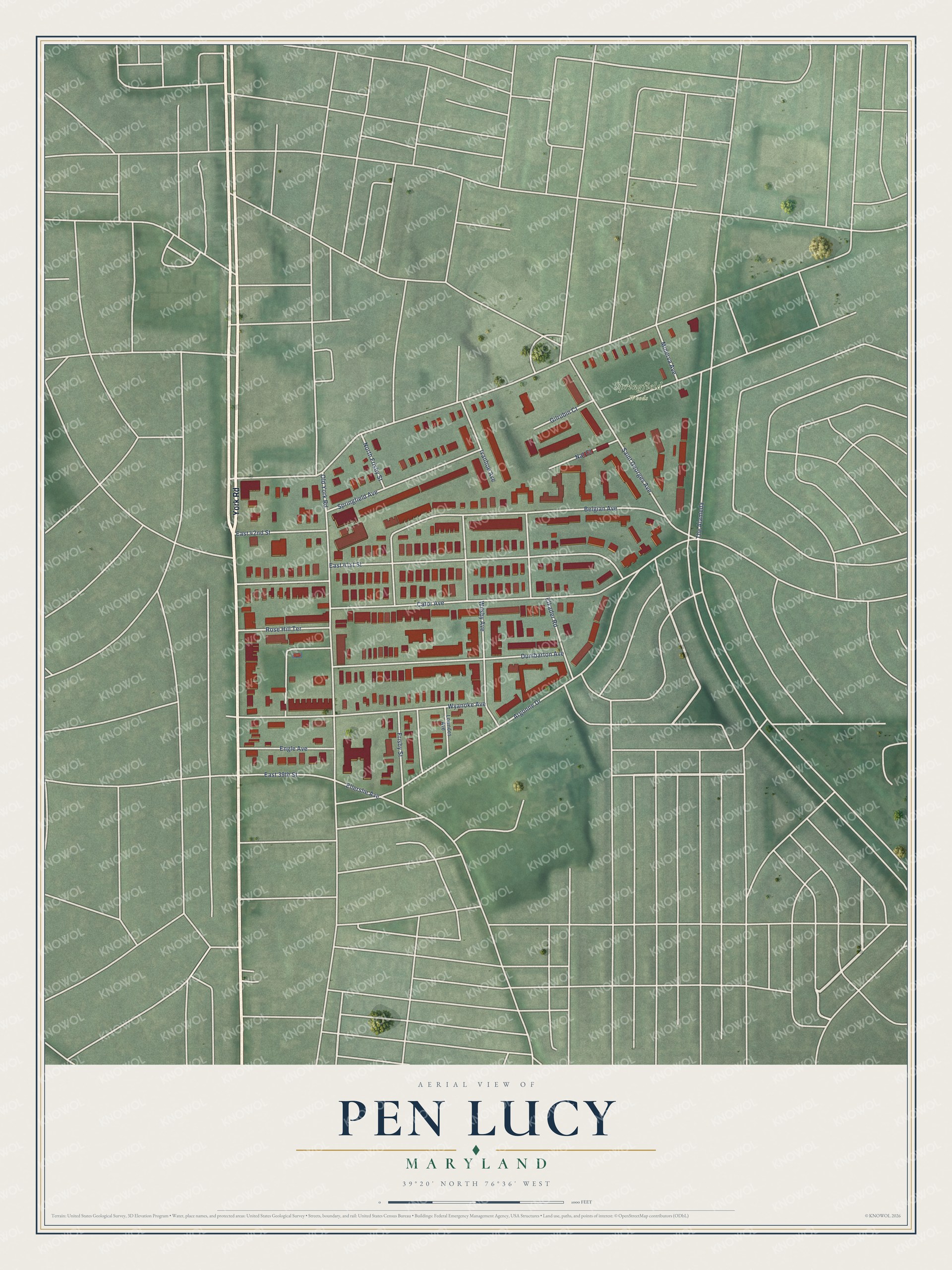 Full map of Pen Lucy, Maryland, with red buildings, printed street names and the land around them