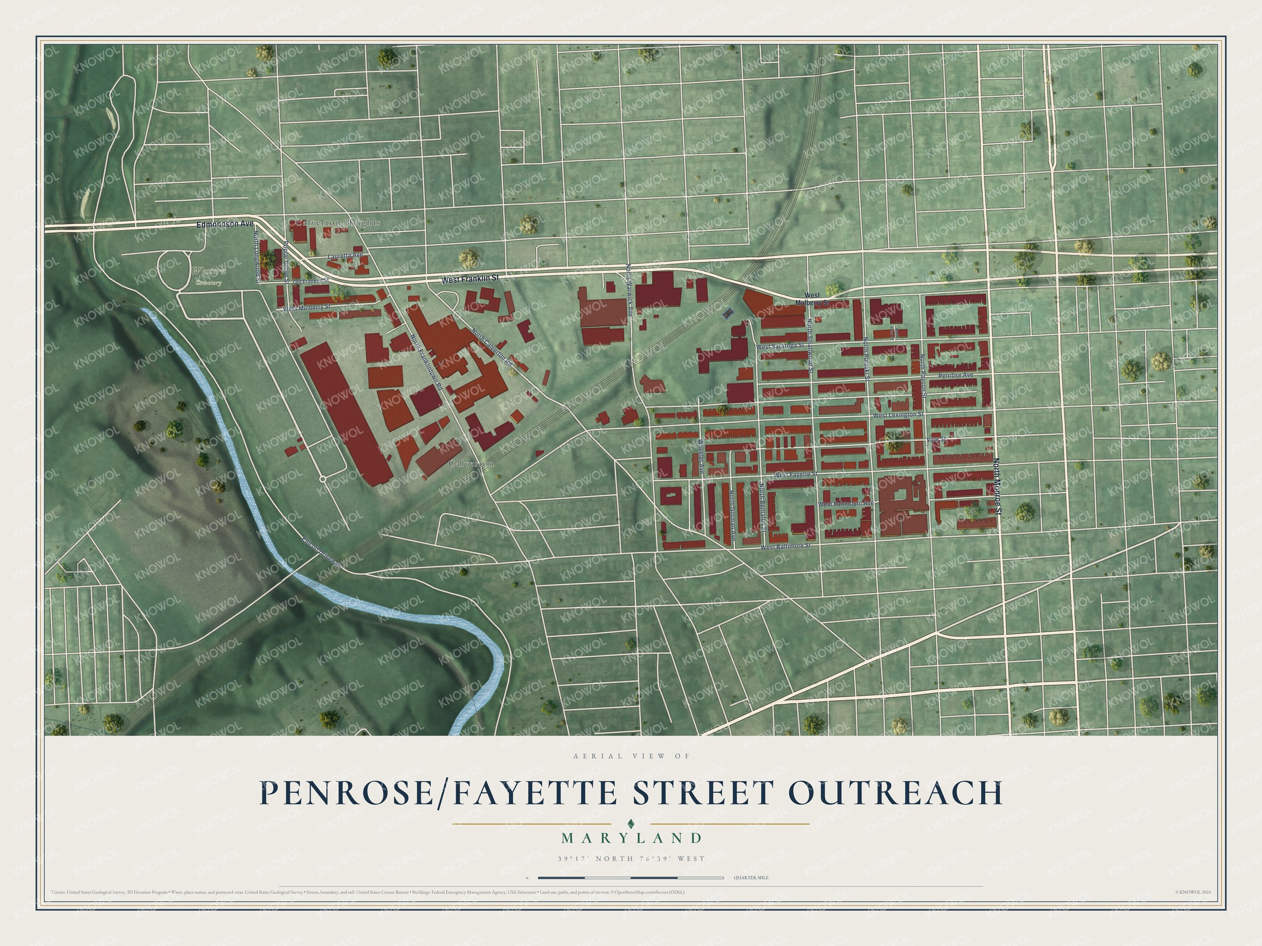 Full map of Penrose/Fayette Street Outreach, Maryland, with red buildings, printed street names and the land around them