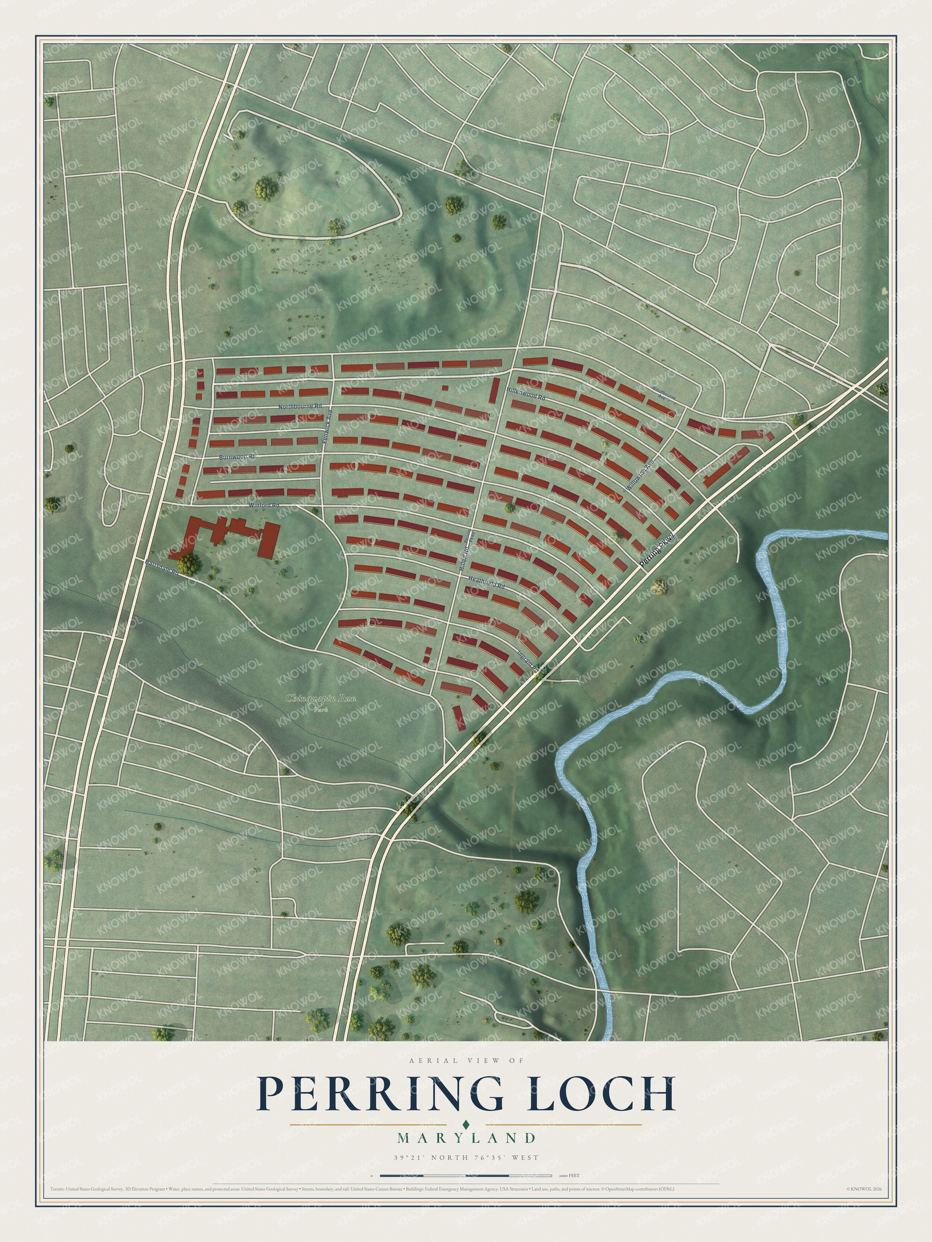 Full map of Perring Loch, Maryland, with red buildings, printed street names and the land around them