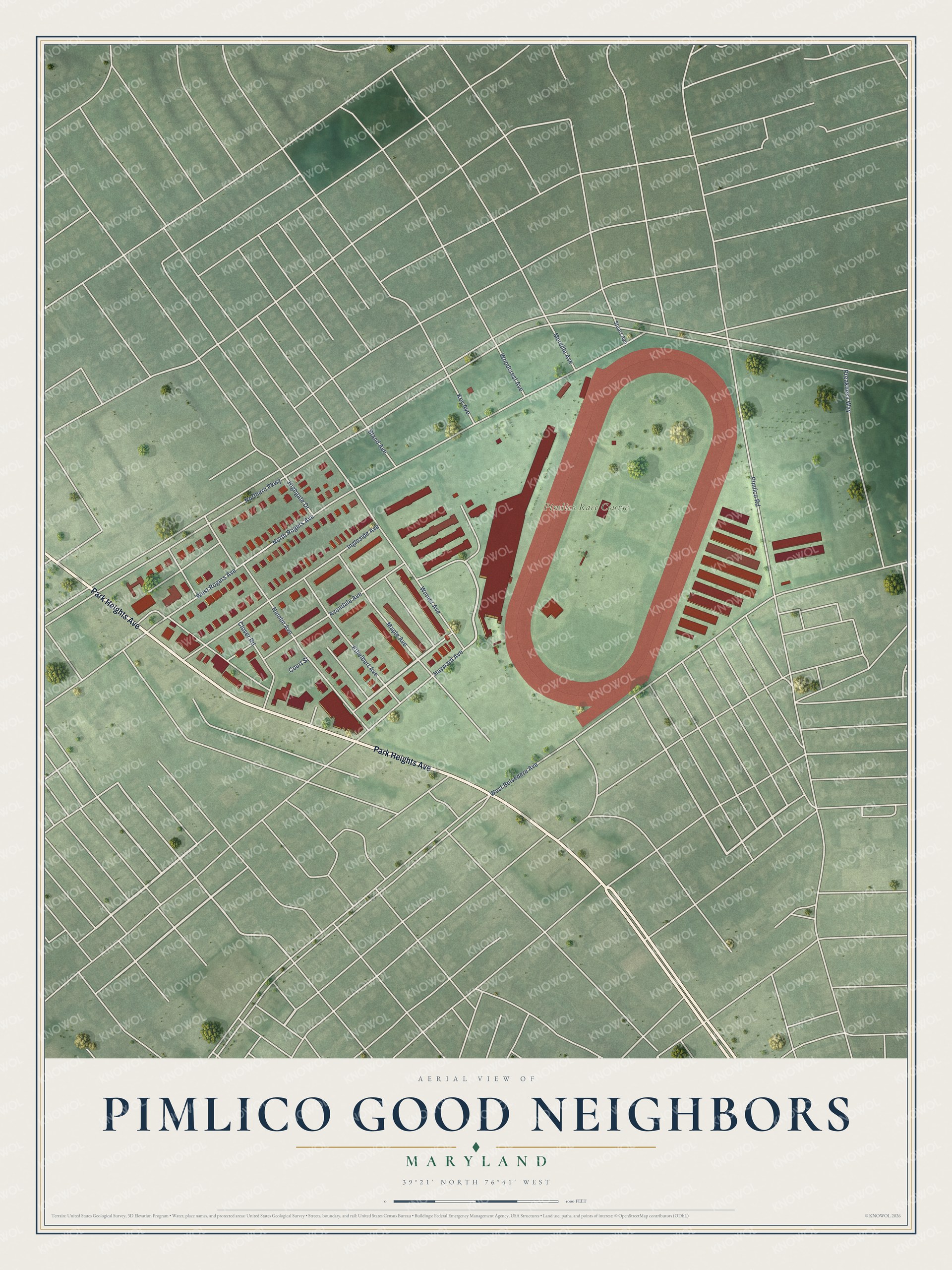 Full map of Pimlico Good Neighbors, Maryland, with red buildings, printed street names and the land around them
