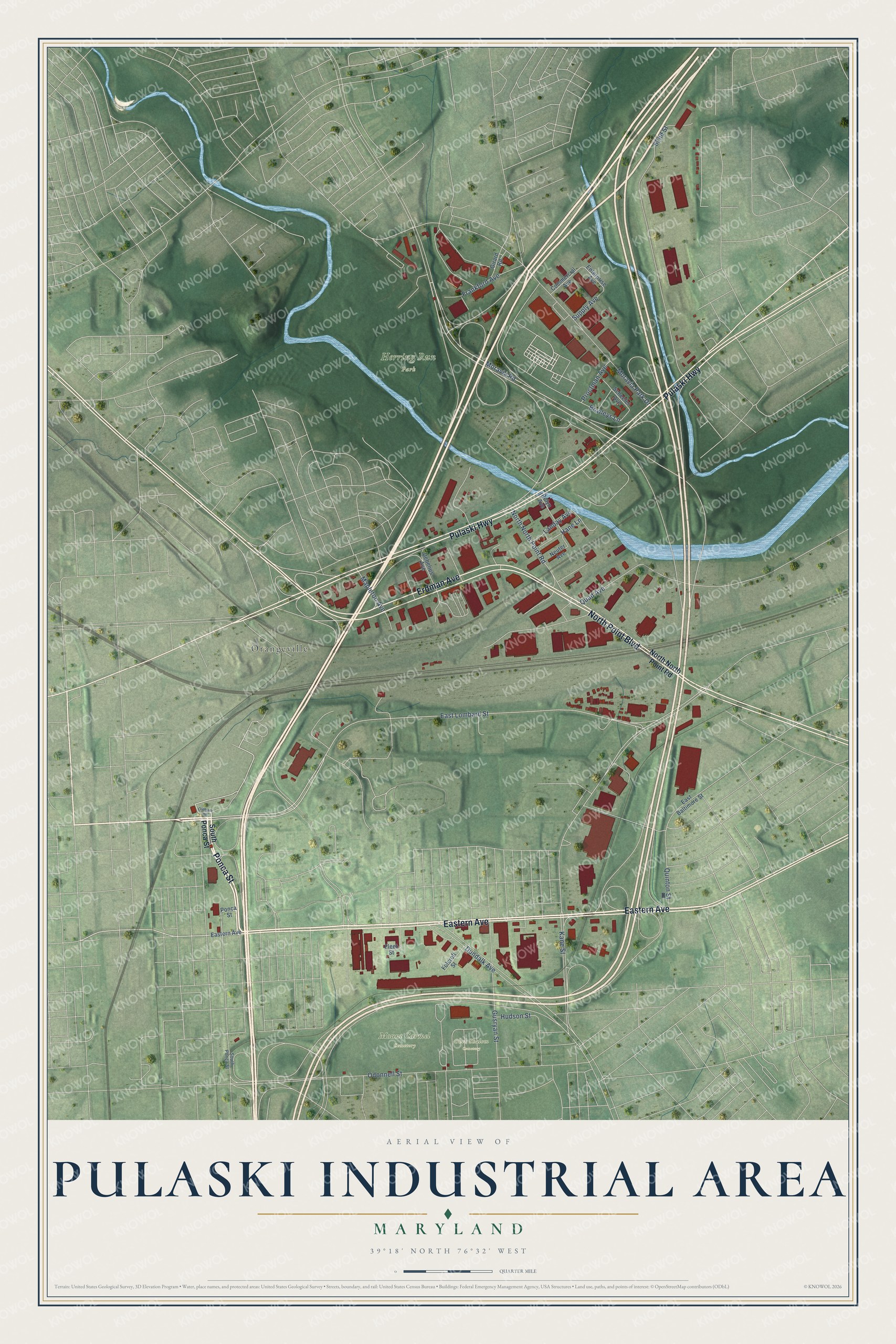 Full map of Pulaski Industrial Area, Maryland, with red buildings, printed street names and the land around them