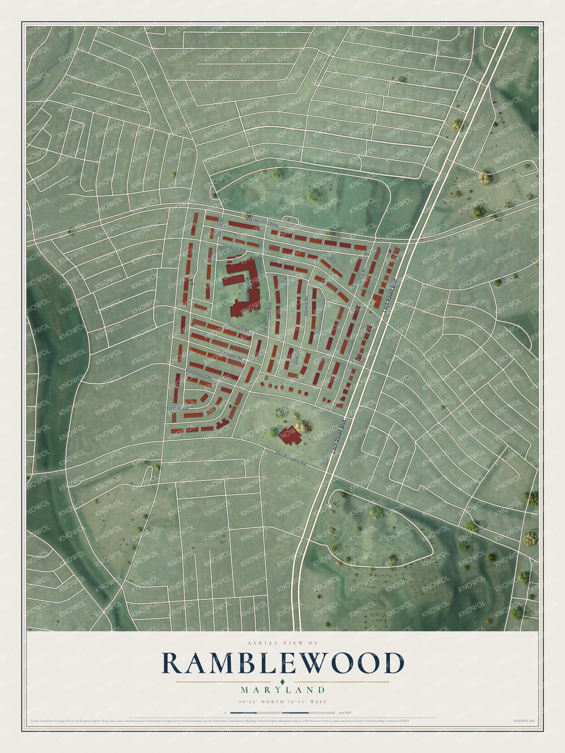 Full map of Ramblewood, Maryland, with red buildings, printed street names and the land around them