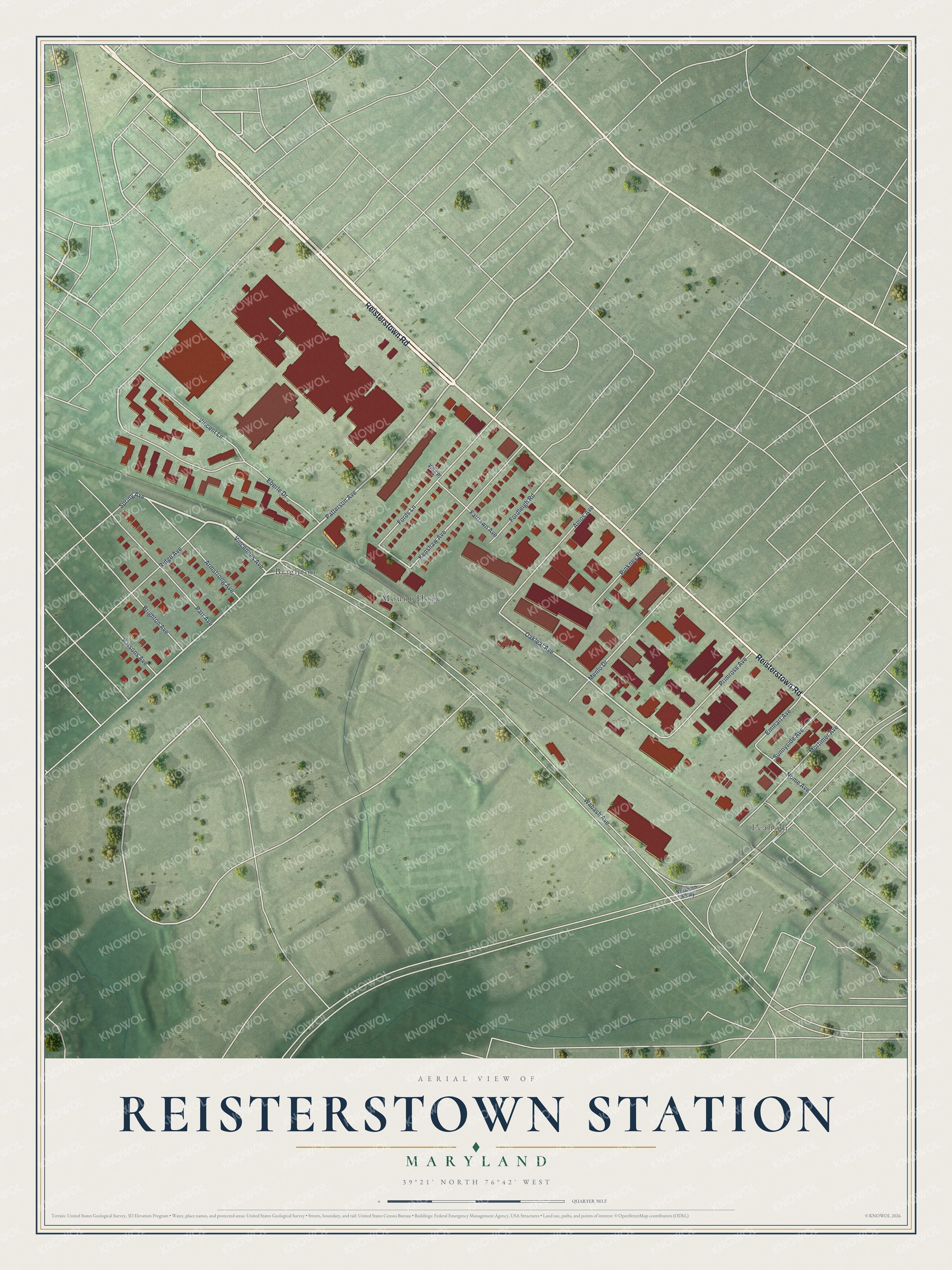 Full map of Reisterstown Station, Maryland, with red buildings, printed street names and the land around them