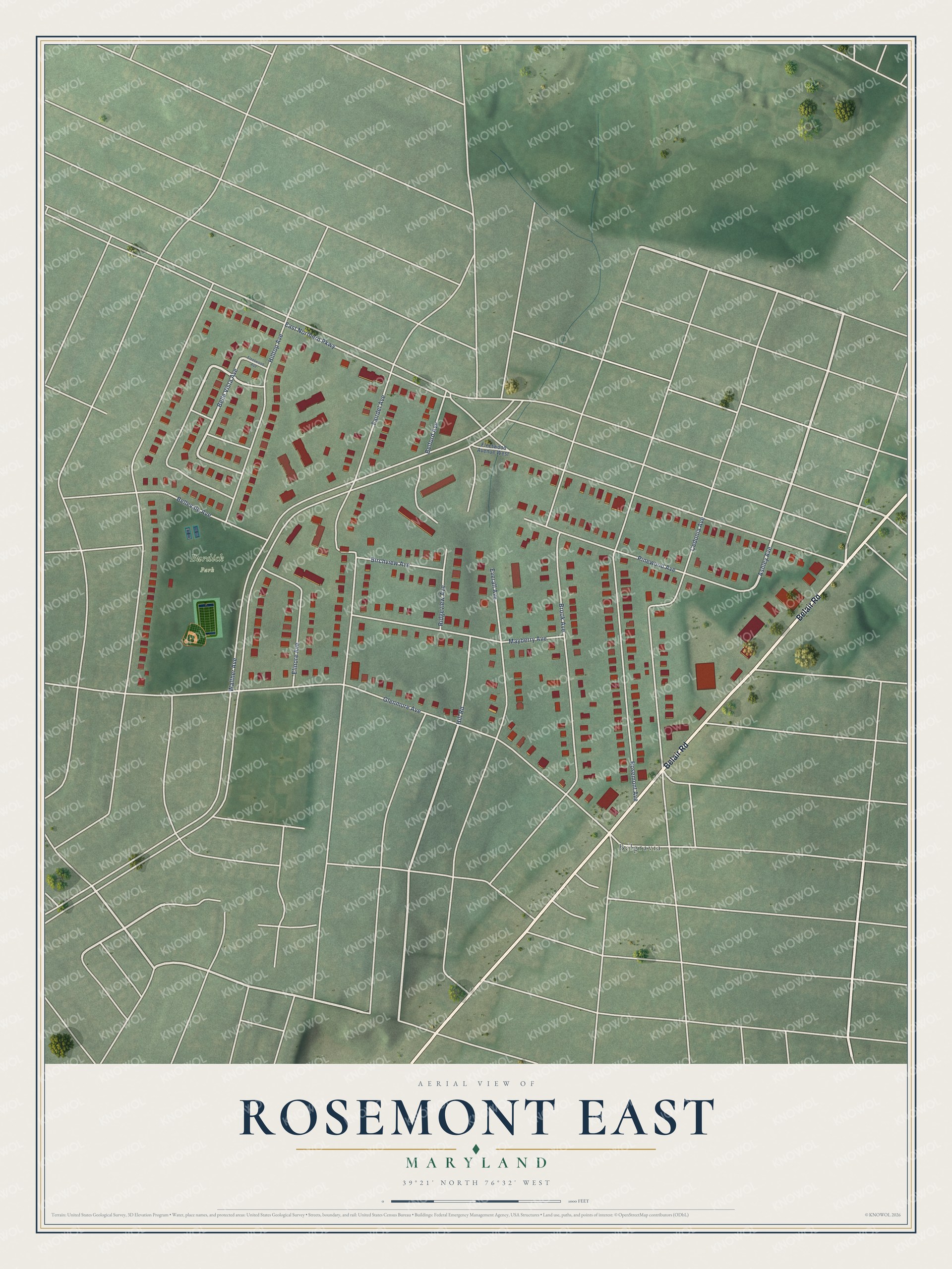 Full map of Rosemont East, Maryland, with red buildings, printed street names and the land around them