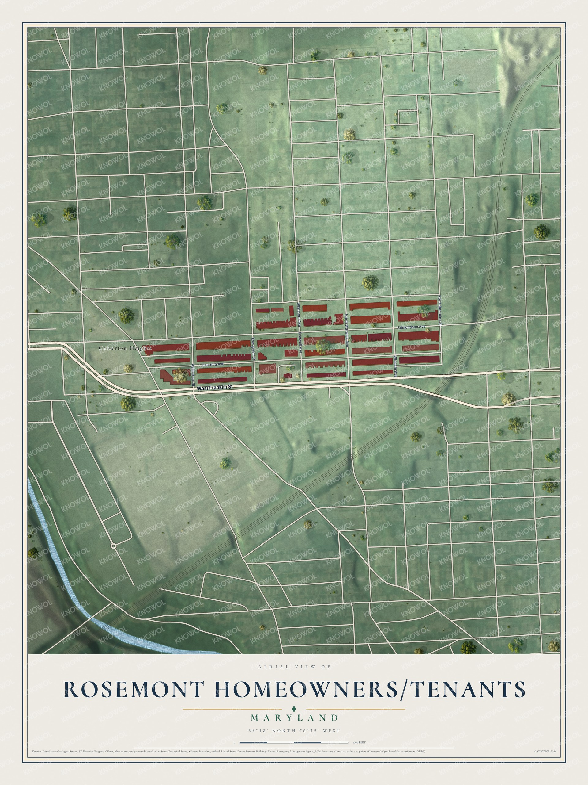 Full map of Rosemont Homeowners/Tenants, Maryland, with red buildings, printed street names and the land around them