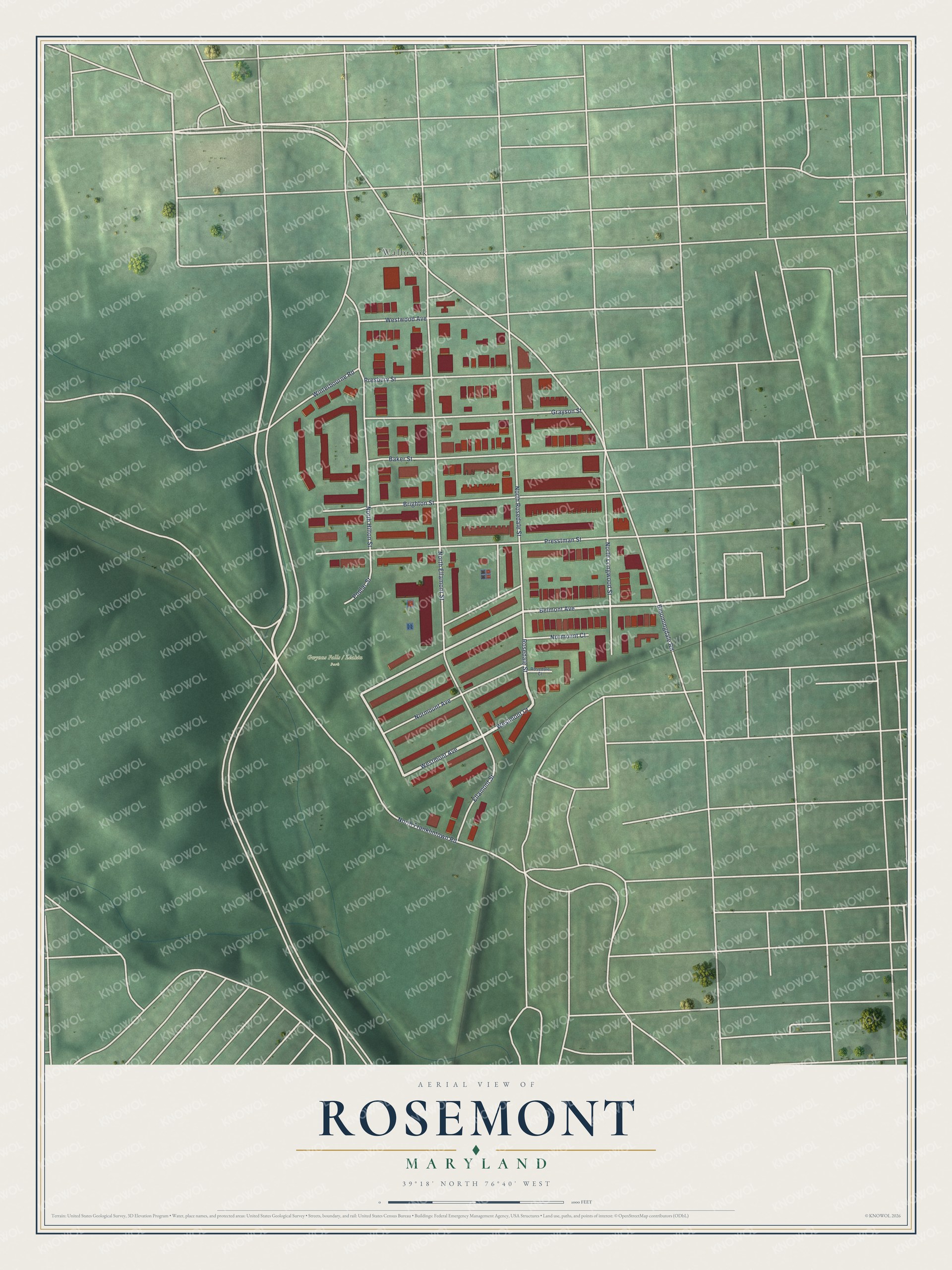 Full map of Rosemont, Maryland, with red buildings, printed street names and the land around them