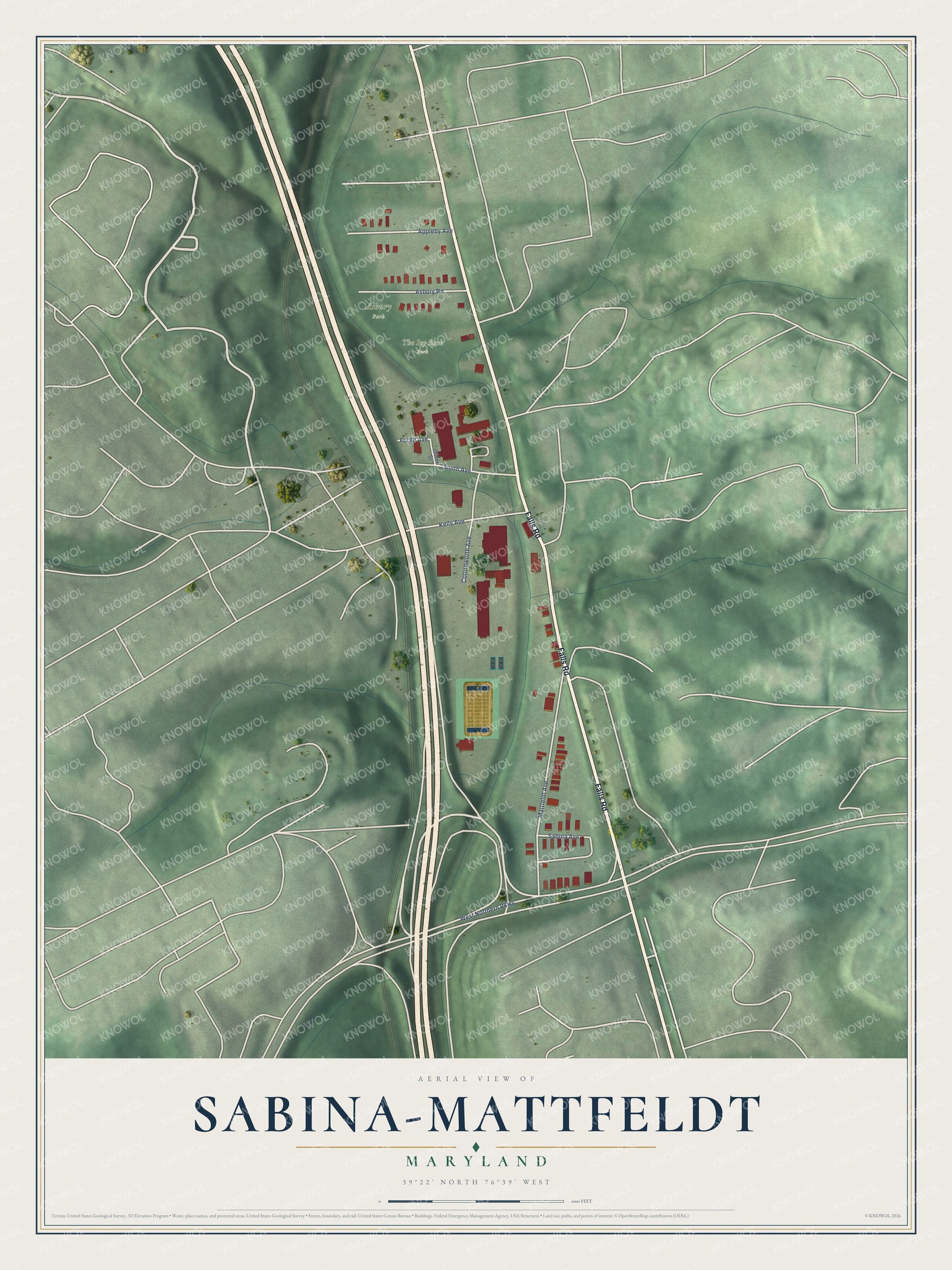 Full map of Sabina-Mattfeldt, Maryland, with red buildings, printed street names and the land around them