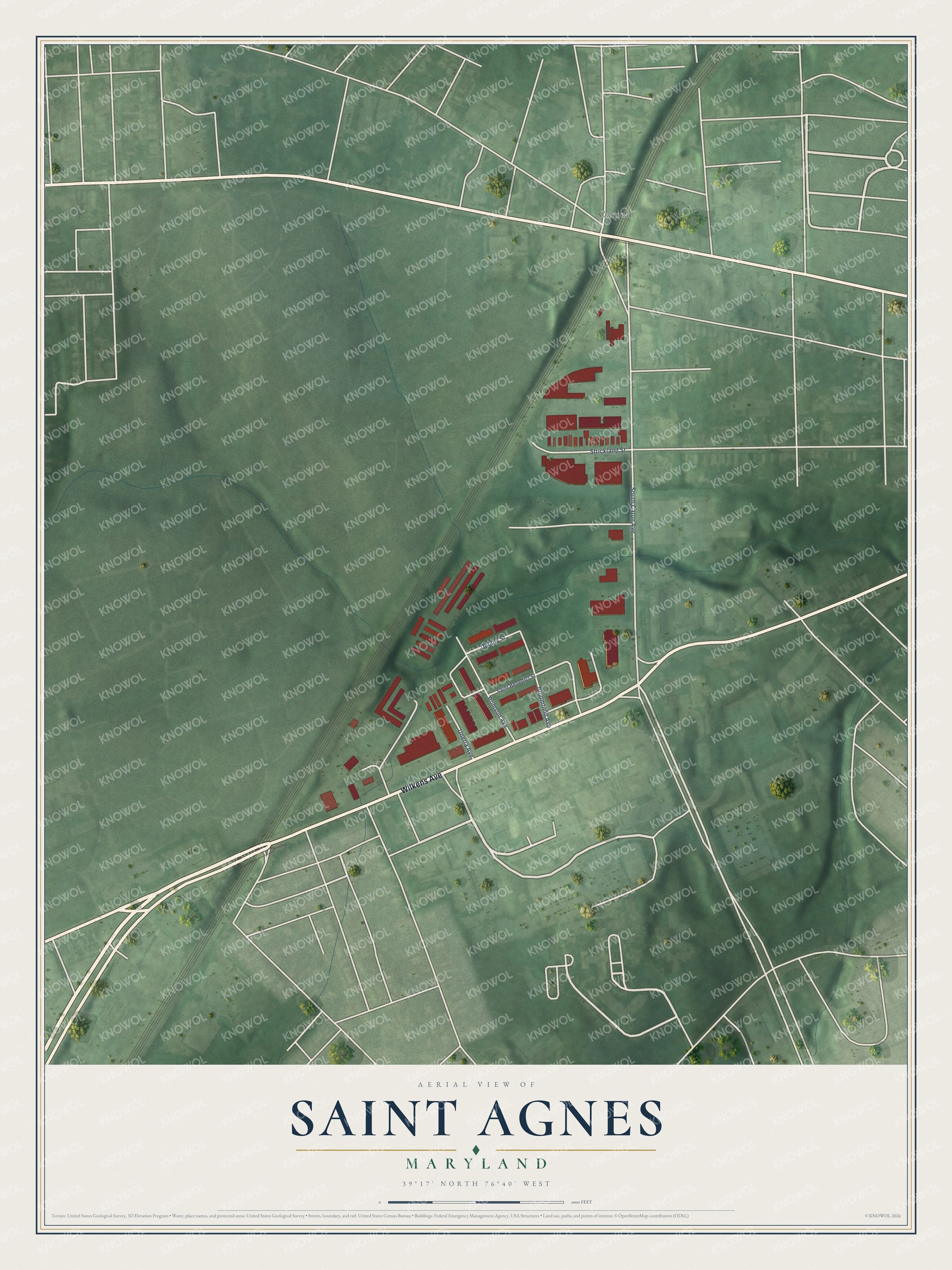 Full map of Saint Agnes, Maryland, with red buildings, printed street names and the land around them