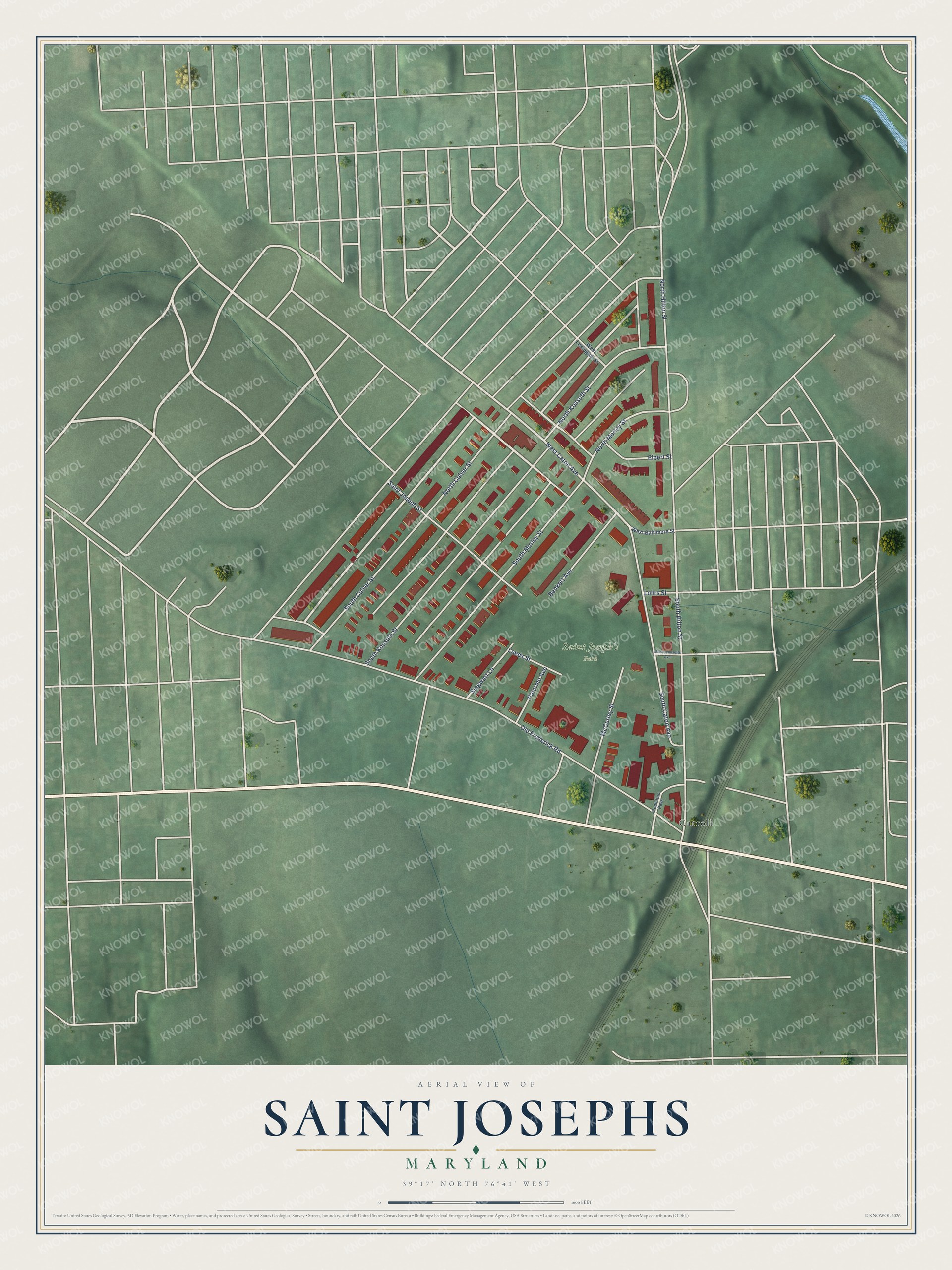 Full map of Saint Josephs, Maryland, with red buildings, printed street names and the land around them